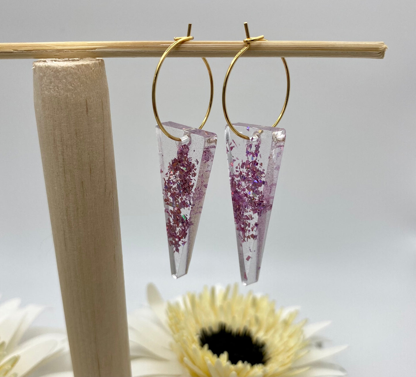 Pink Sparkle Long Reverse Triangle on Small Gold Hoop