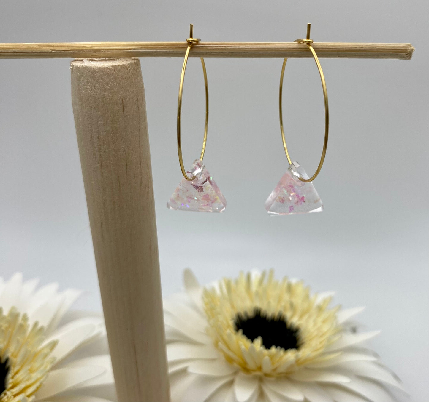 Pink Iridescent Small Triangle on Medium Gold Hoop