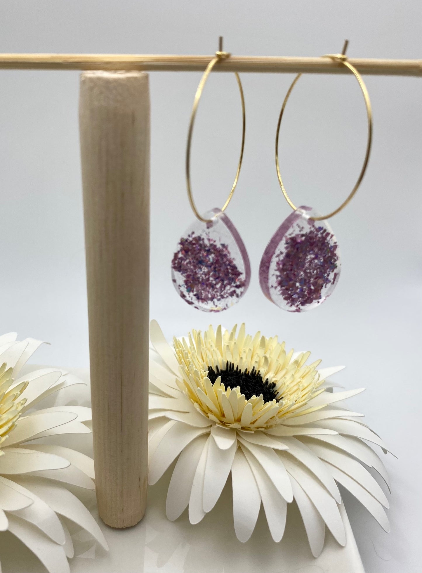 Pink Sparkle Medium Teardrop on Large Gold Hoop