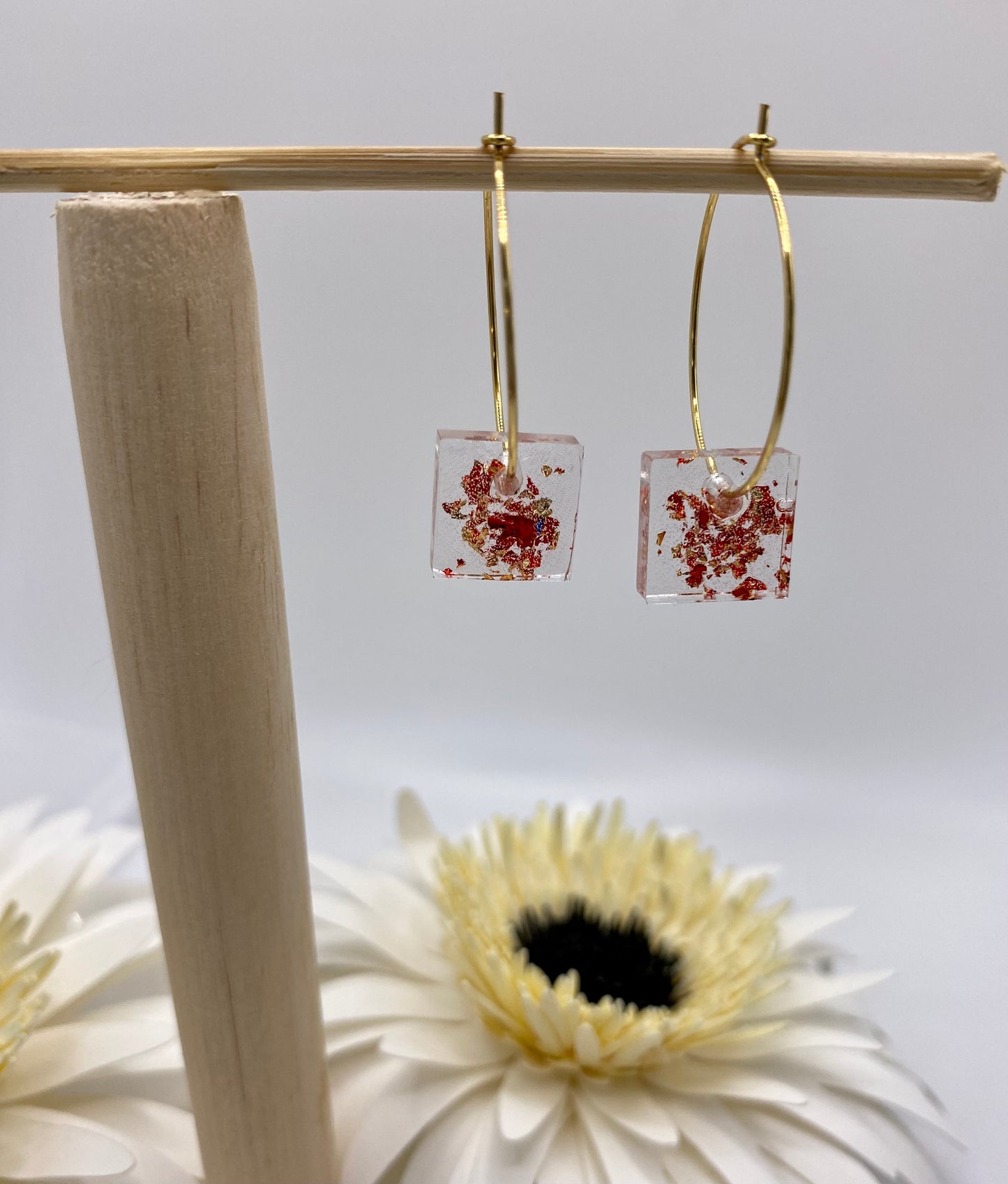 Red and Gold Sparkle Small Squares on Medium Gold Hoop