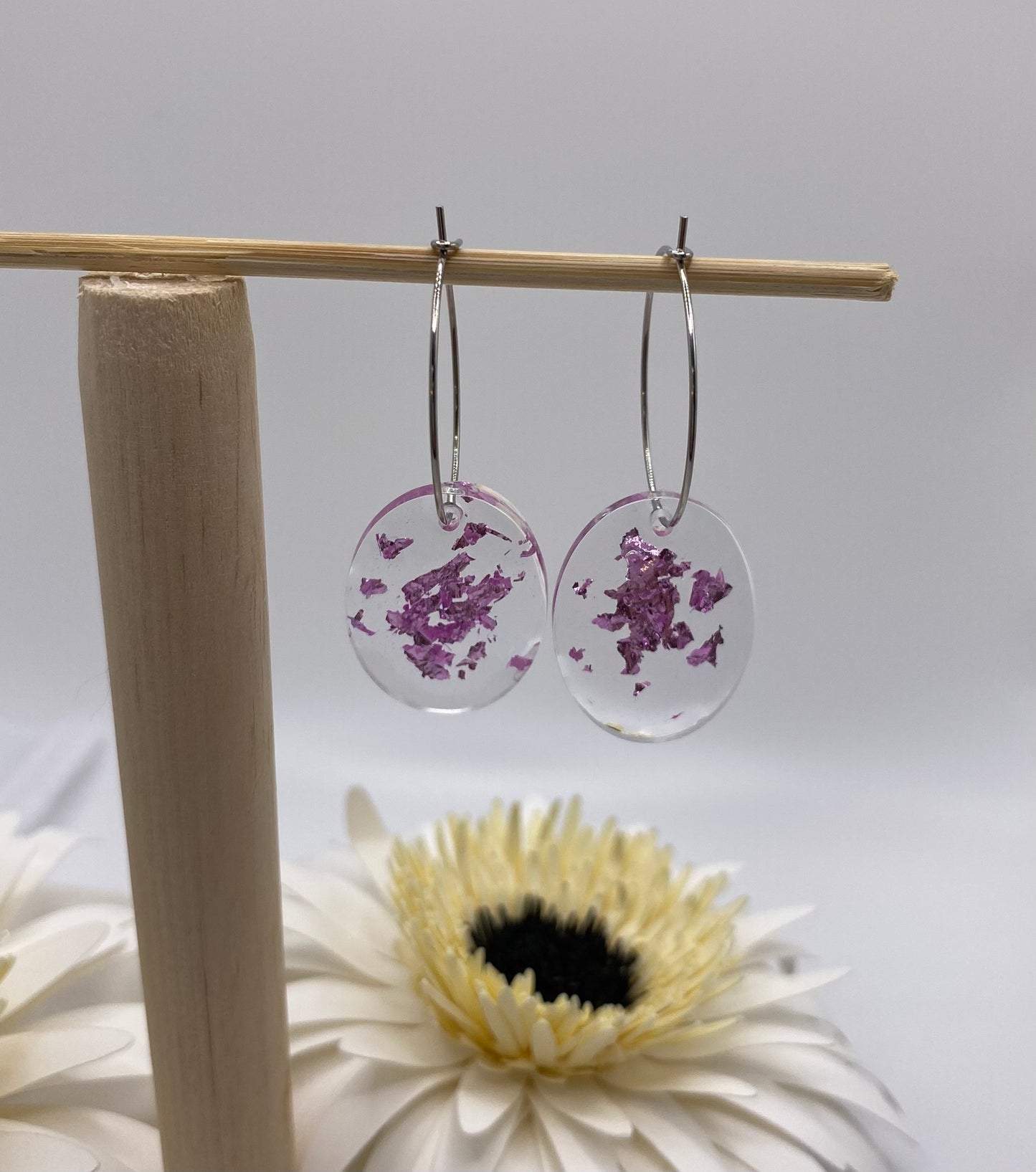 Pink Foil Medium Oval on Medium Silver Medium Hoop
