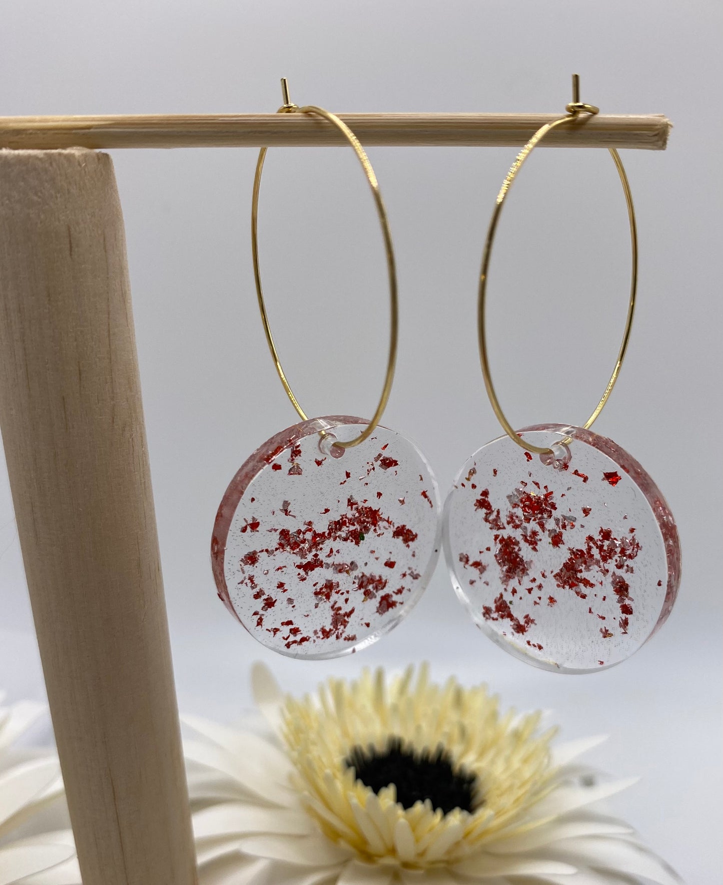 Resin Red and Gold Sparkle Large Disk on Large Gold Hoop