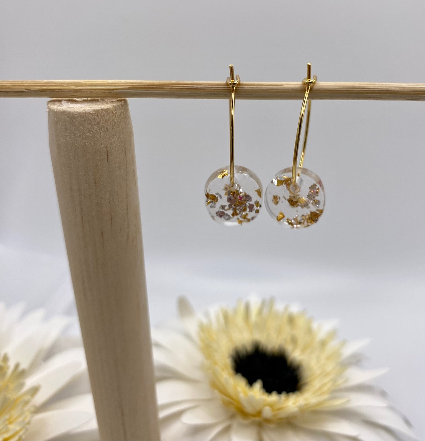 Resin Gold and Silver Foil Small Disk on Small Gold Hoop