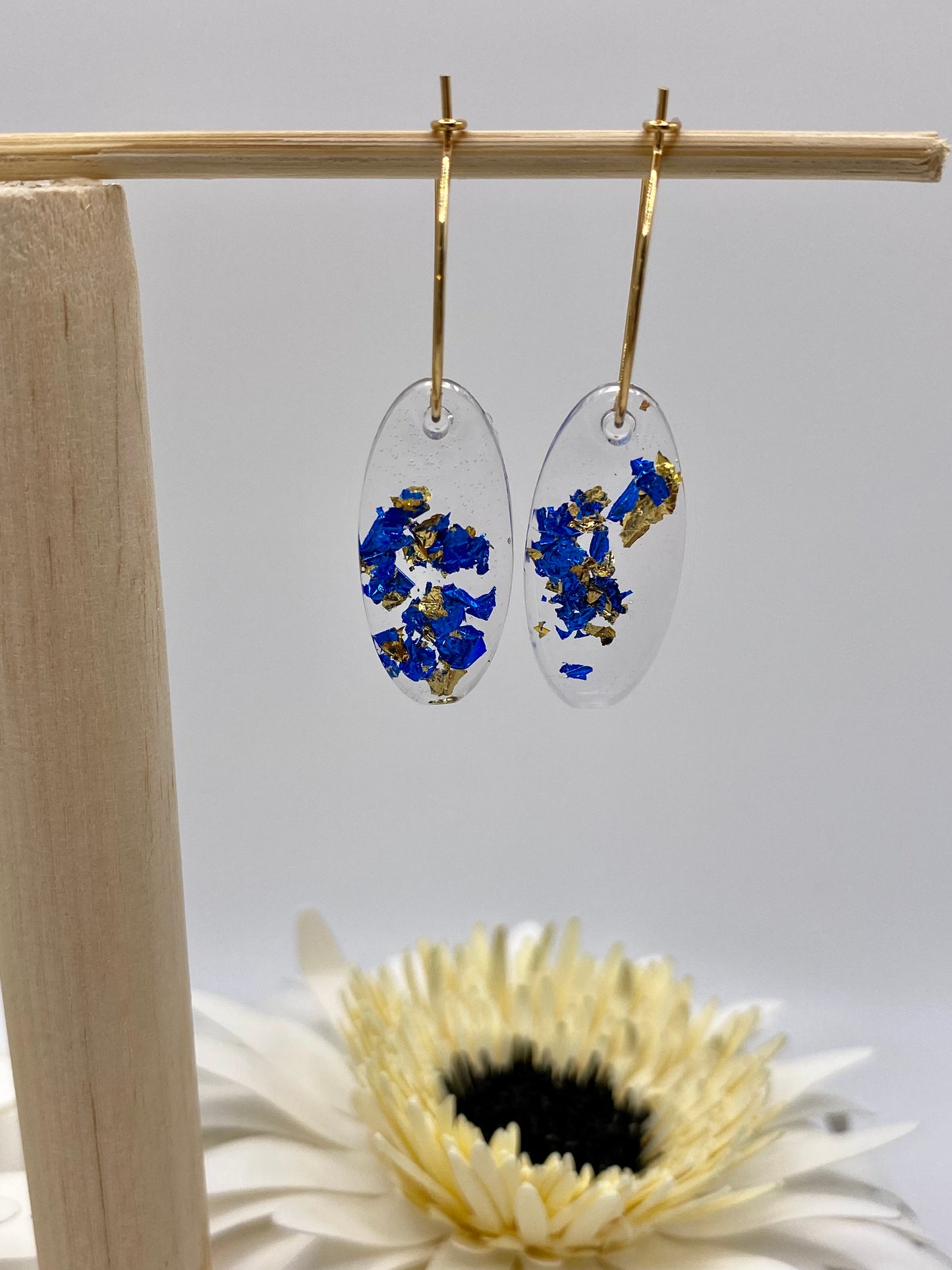 Resin Blue and Gold Foil Medium Oval on Small Gold Hoop