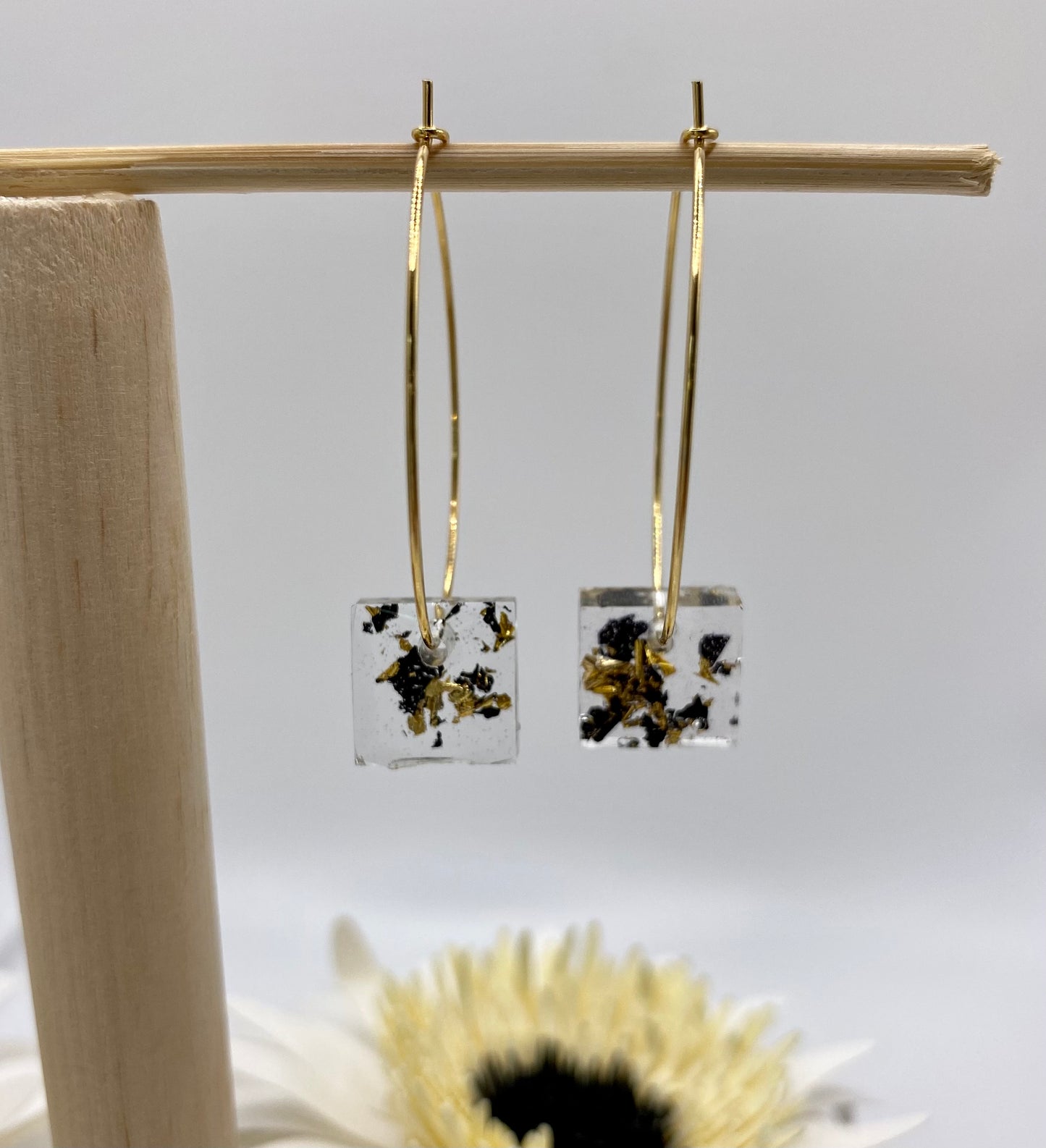 Black and Gold Foil Small Square on Large Gold Hoop