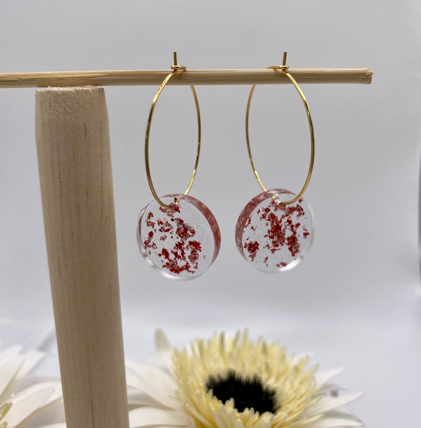 Red and Gold Sparkle Medium Disk on Medium Gold Hoop