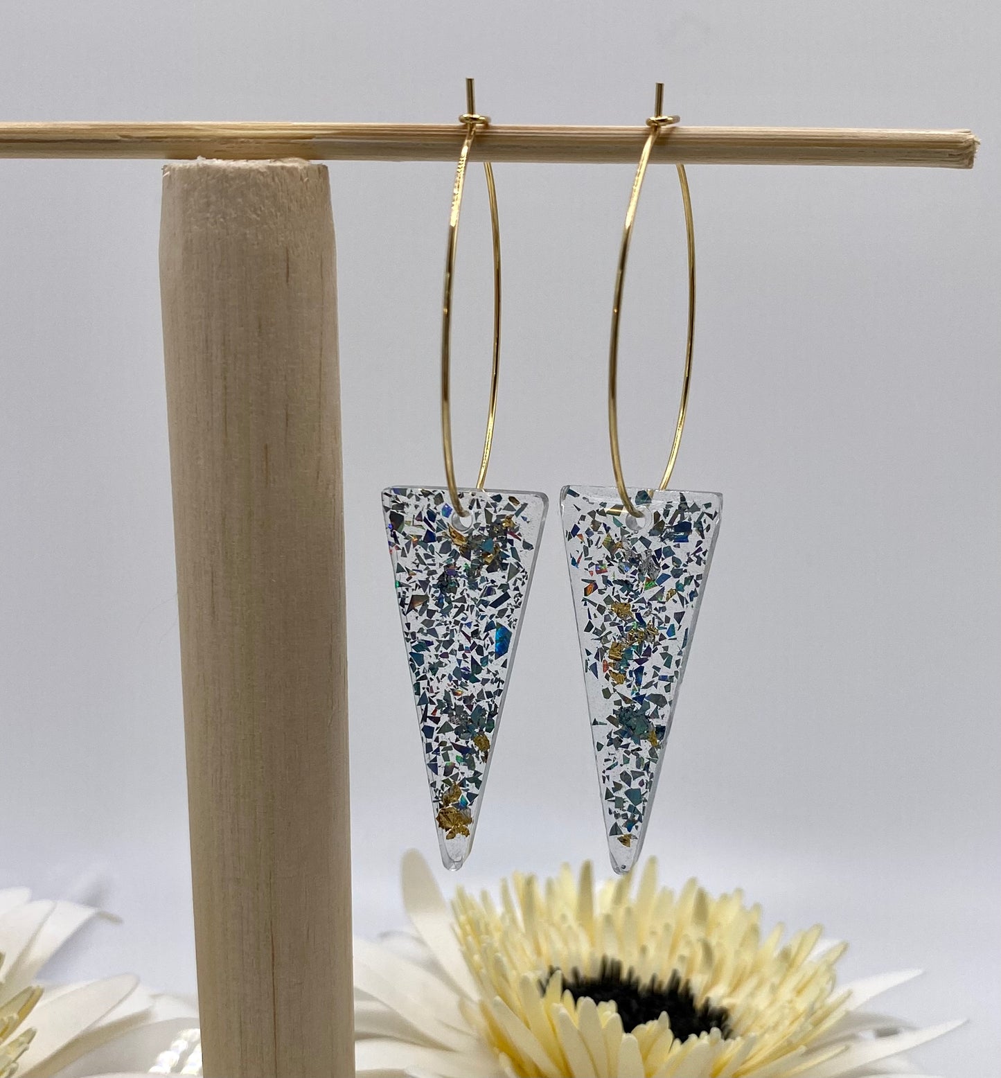 Resin Blue and Gold Sparkle Long Reverse Triangle on Large Gold Hoop
