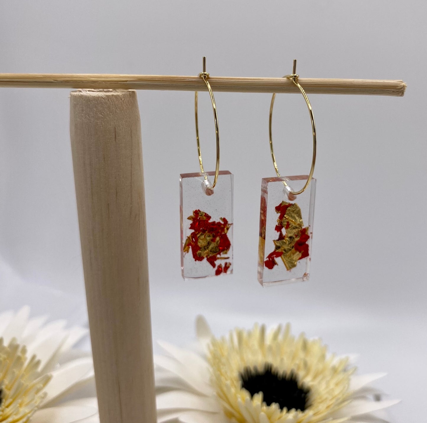 Resin Red and Gold Sparkle Medium Rectangle on Small Gold Hoop