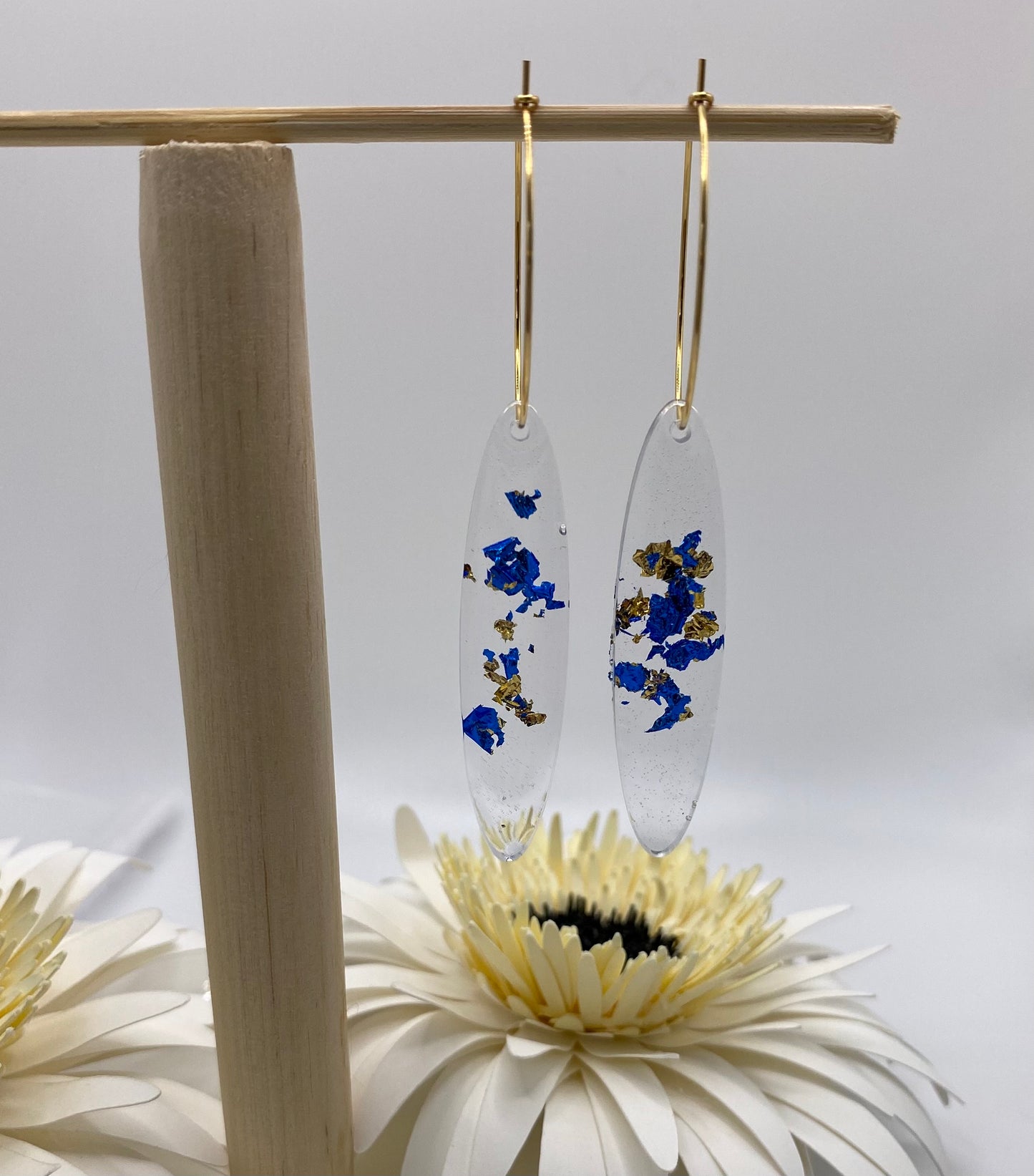 Blue and Gold Foil Long Oval on Medium Gold Hoop