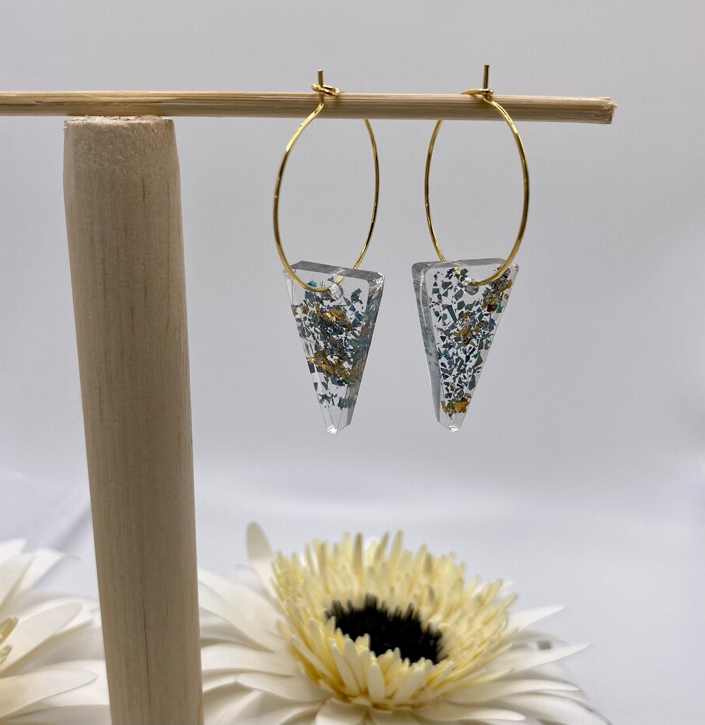 Blue and Gold Sparkle Medium Reverse Triangle on Medium Gold Hoop
