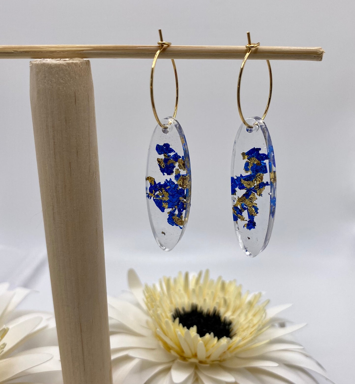 Blue and Gold Foil Medium Oval on Small Gold Hoop