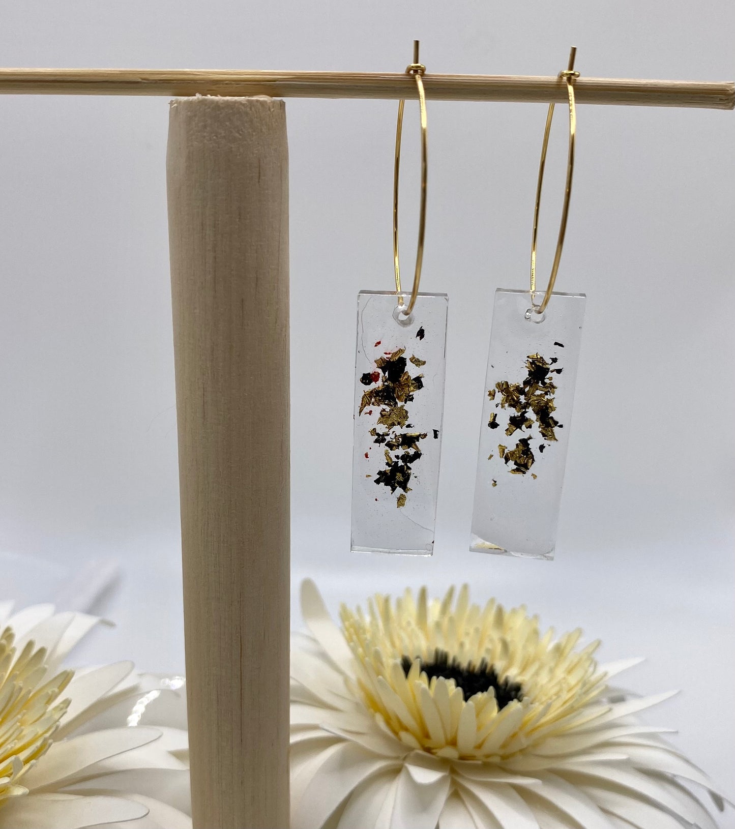 Resin Black and Gold Foil Long Rectangle on Medium Gold Hoop