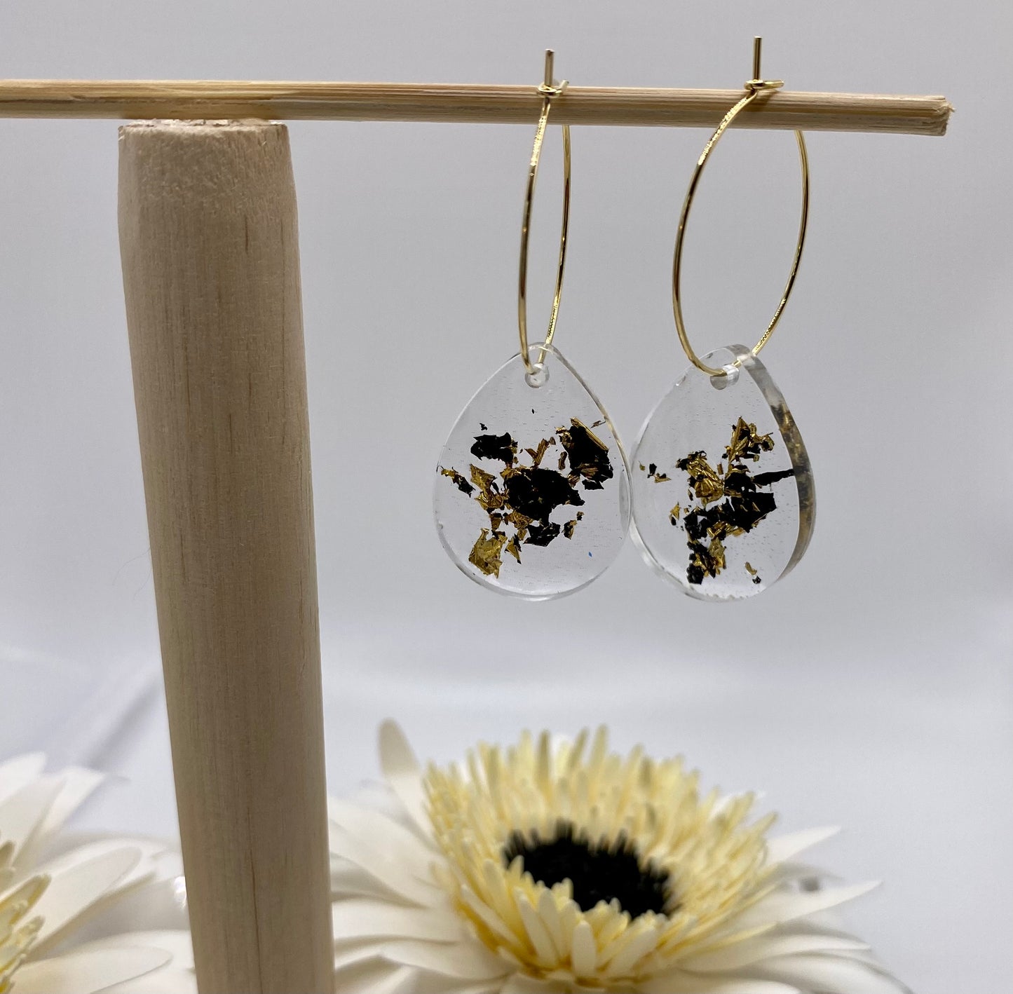 Black and Gold Foil Teardrop on Medium Gold Hoop