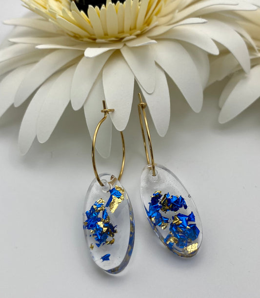 Resin Blue and Gold Foil Medium Oval on Small Gold Hoop
