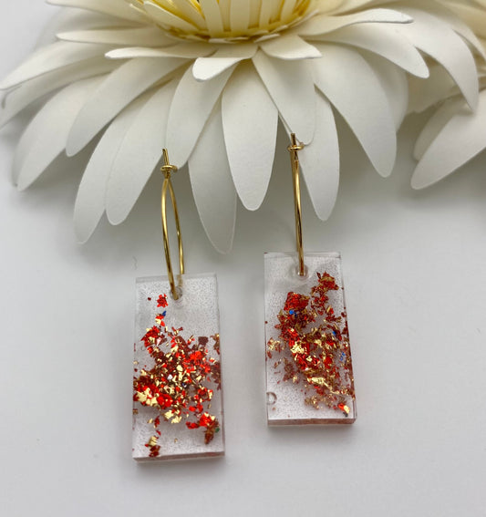 Resin Red and Gold Sparkle Medium Rectangle on Small Gold Hoop