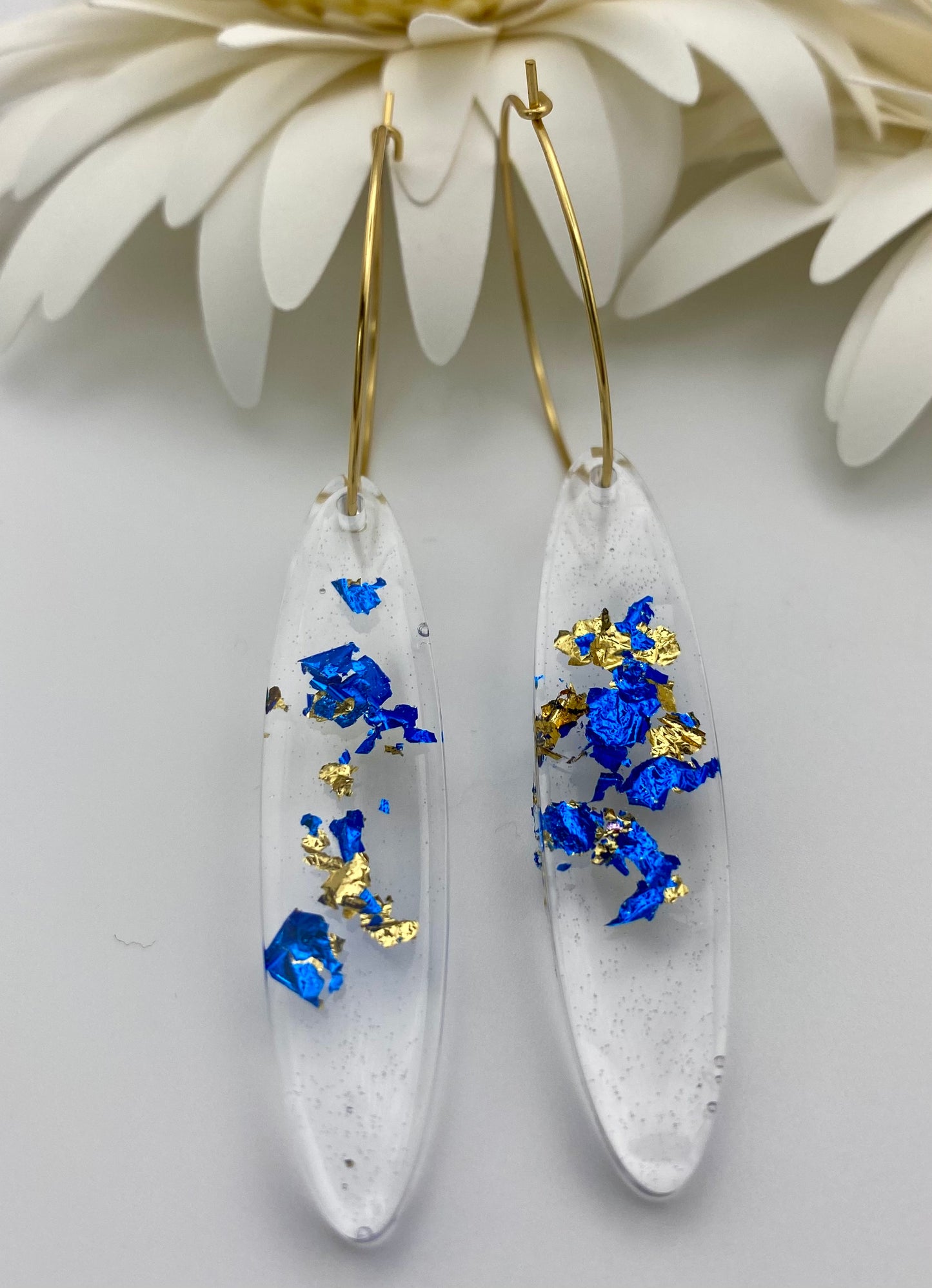 Blue and Gold Foil Long Oval on Medium Gold Hoop