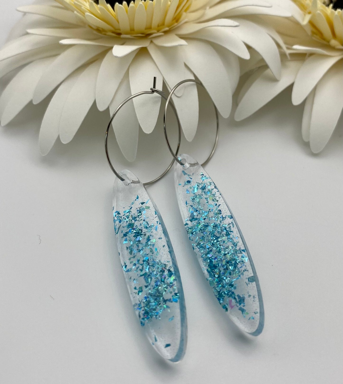 Blue Sparkle Long Oval on Medium Silver Hoop