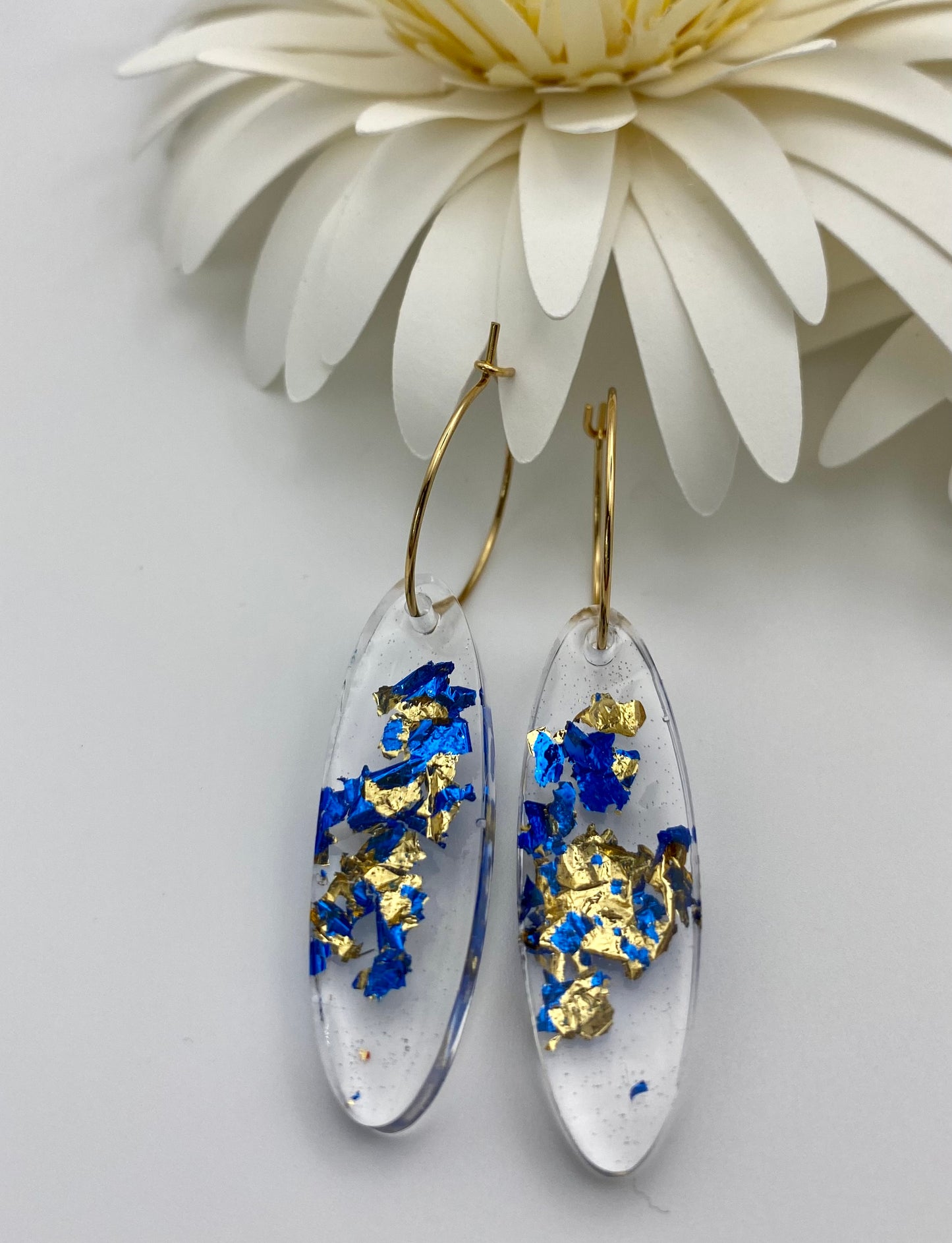 Blue and Gold Foil Medium Oval on Small Gold Hoop