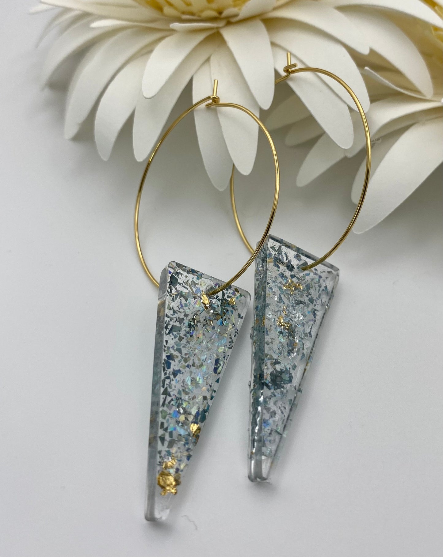 Resin Blue and Gold Sparkle Long Reverse Triangle on Large Gold Hoop