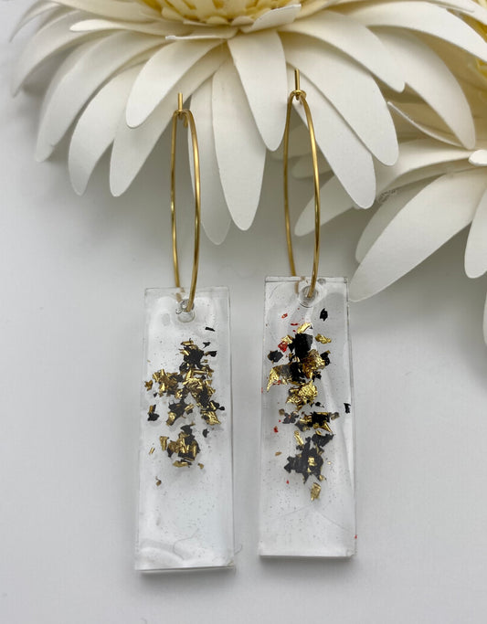 Resin Black and Gold Foil Long Rectangle on Medium Gold Hoop