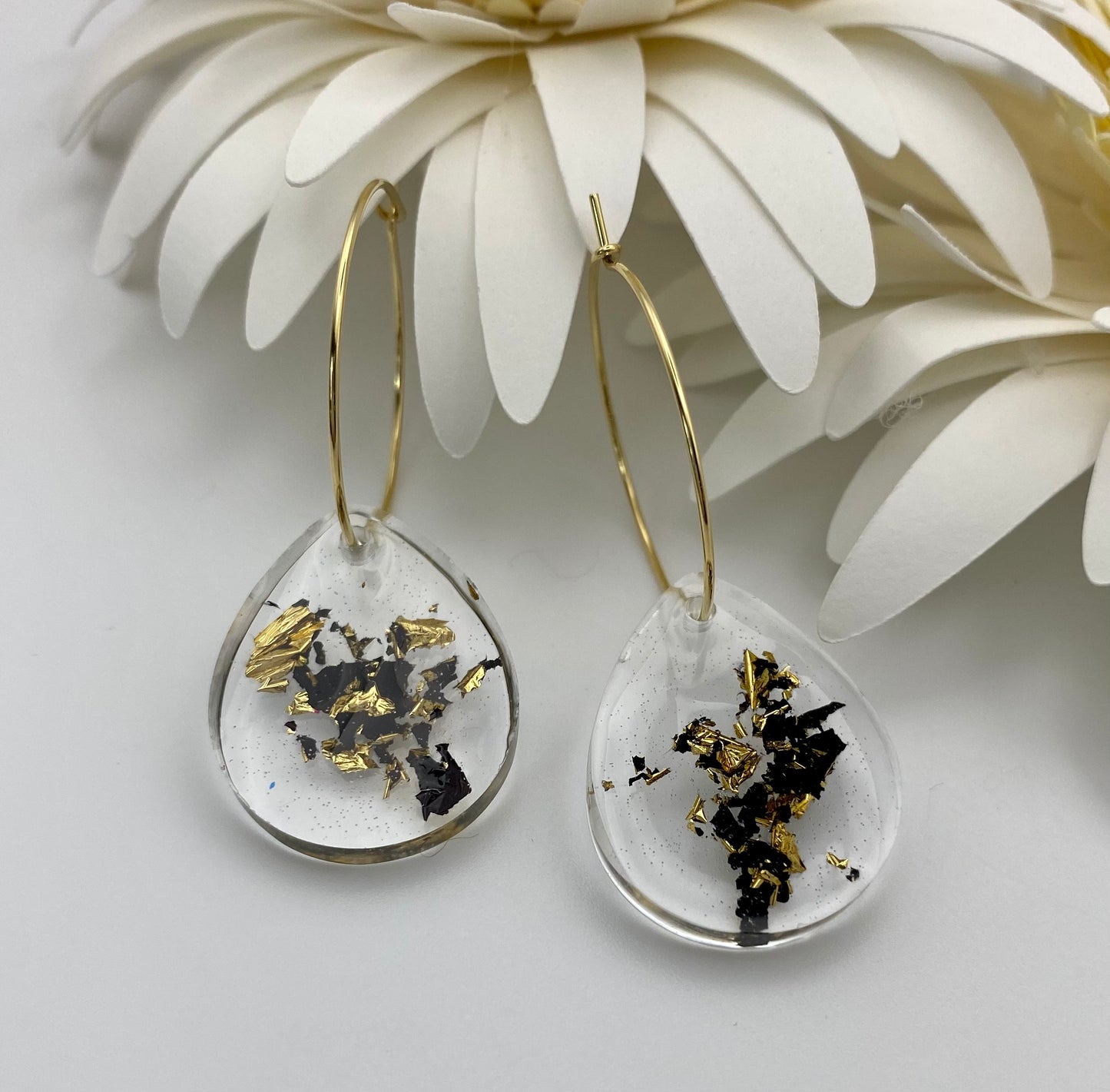 Black and Gold Foil Teardrop on Medium Gold Hoop