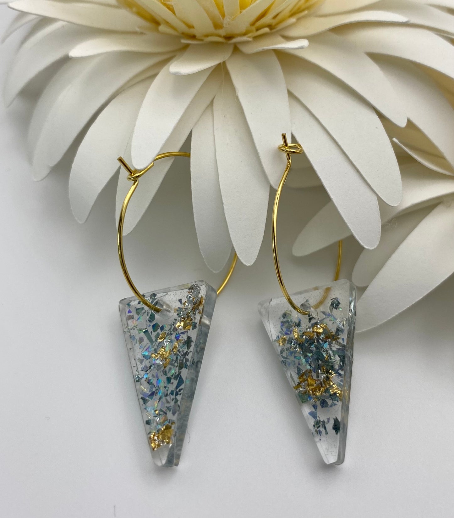 Blue and Gold Sparkle Medium Reverse Triangle on Medium Gold Hoop