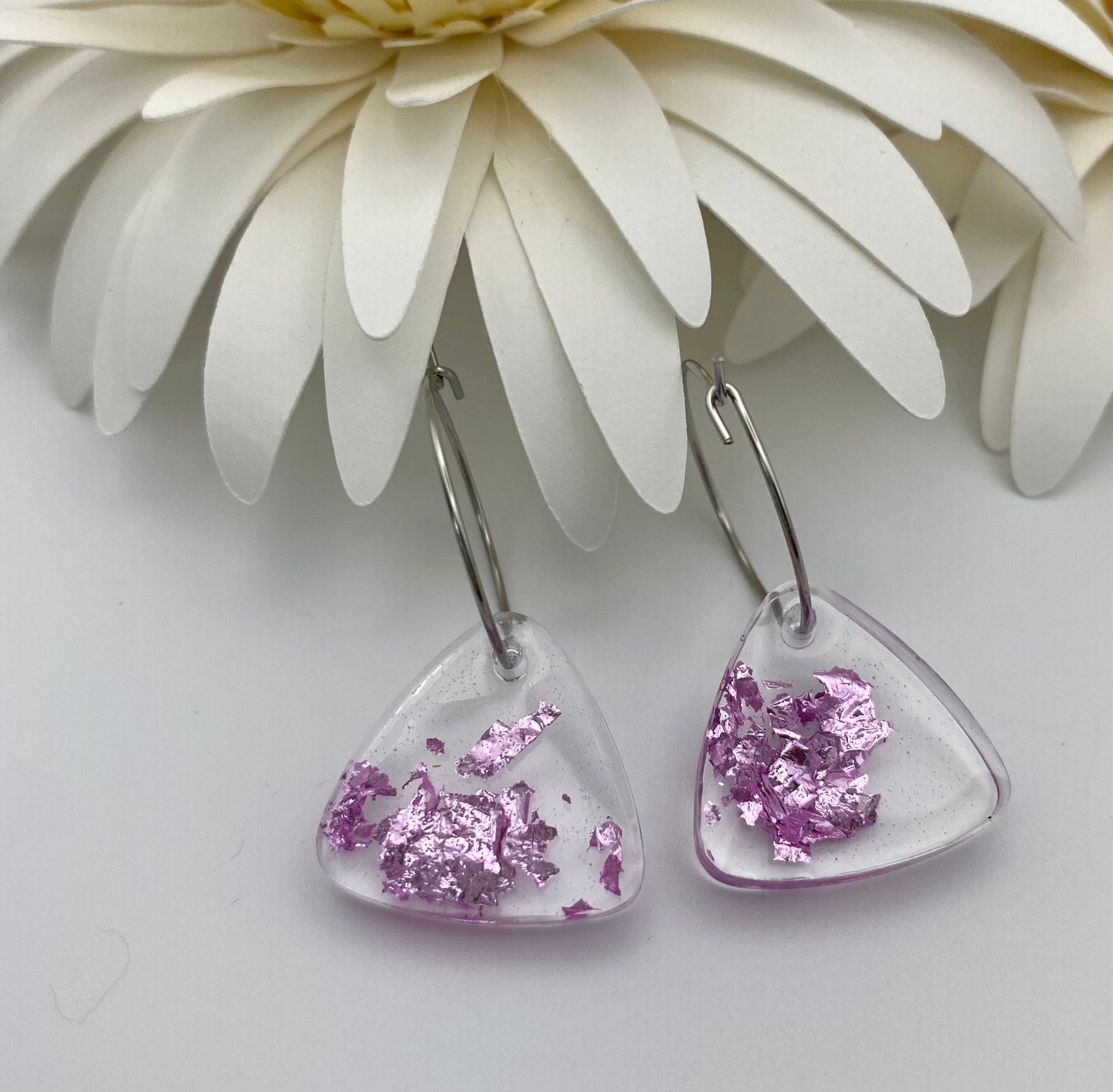 Pink Foil Large Triangle on Small Silver Hoop