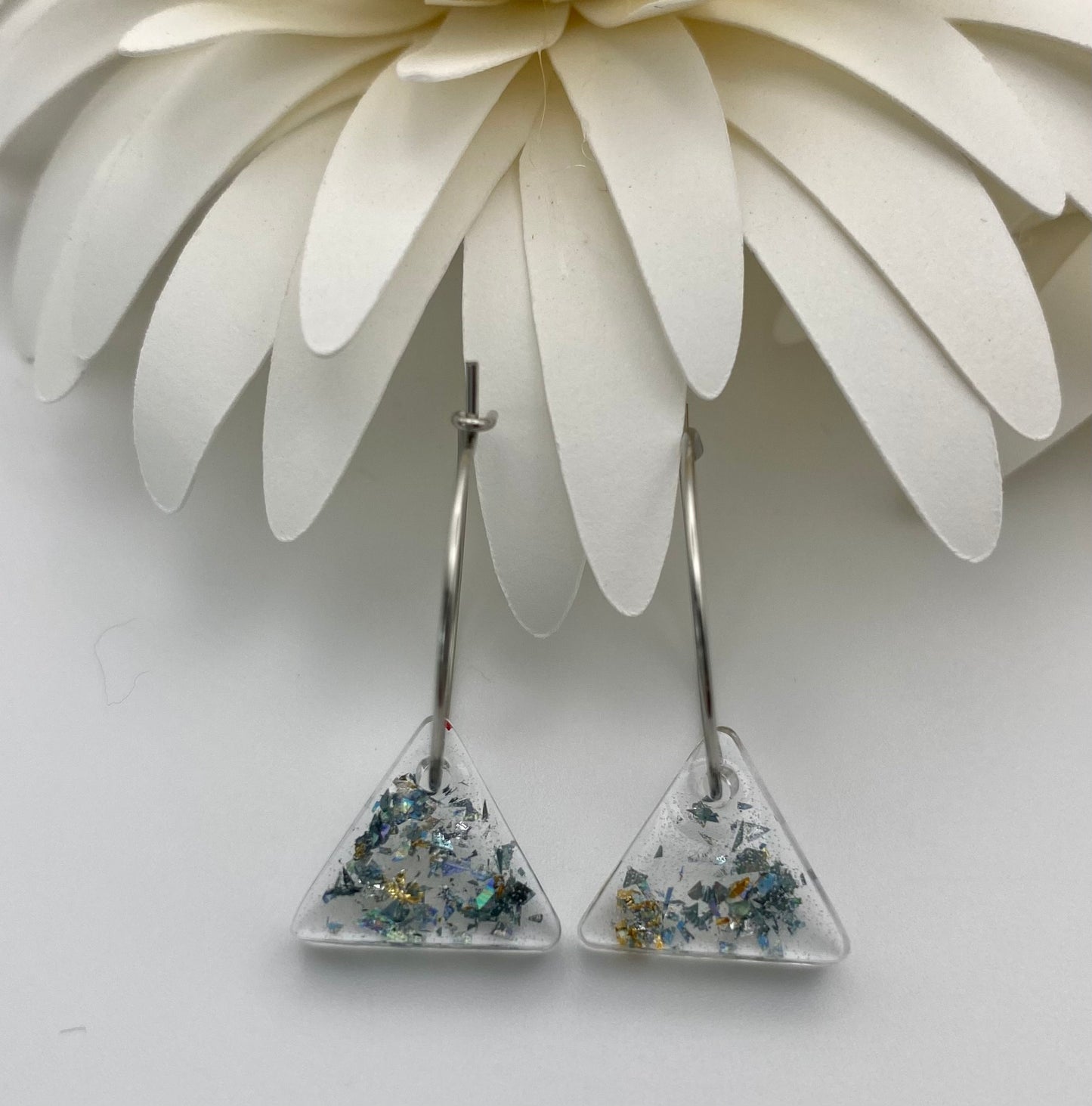 Blue Sparkle Small Triangle on Small Silver Hoop