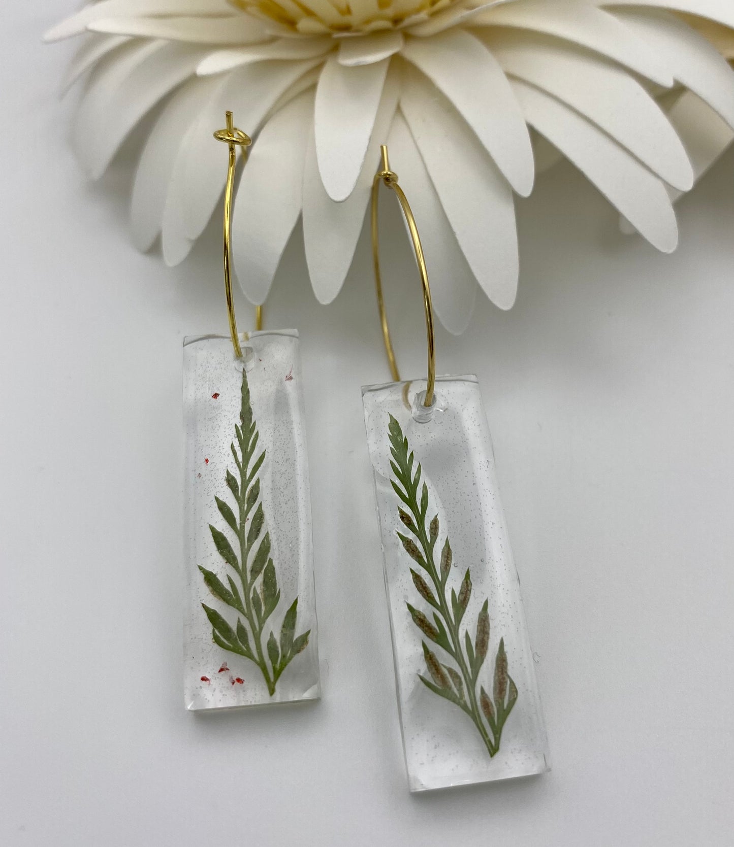Resin Fern on Medium Gold Hoop