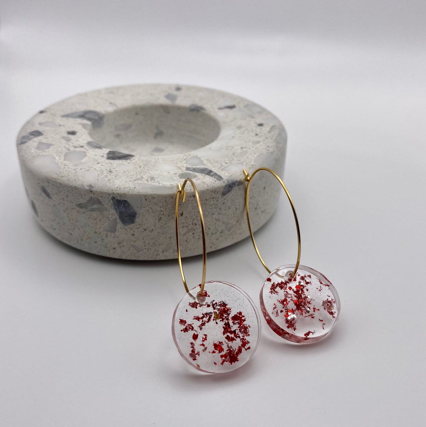 Red and Gold Sparkle Medium Disk on Medium Gold Hoop
