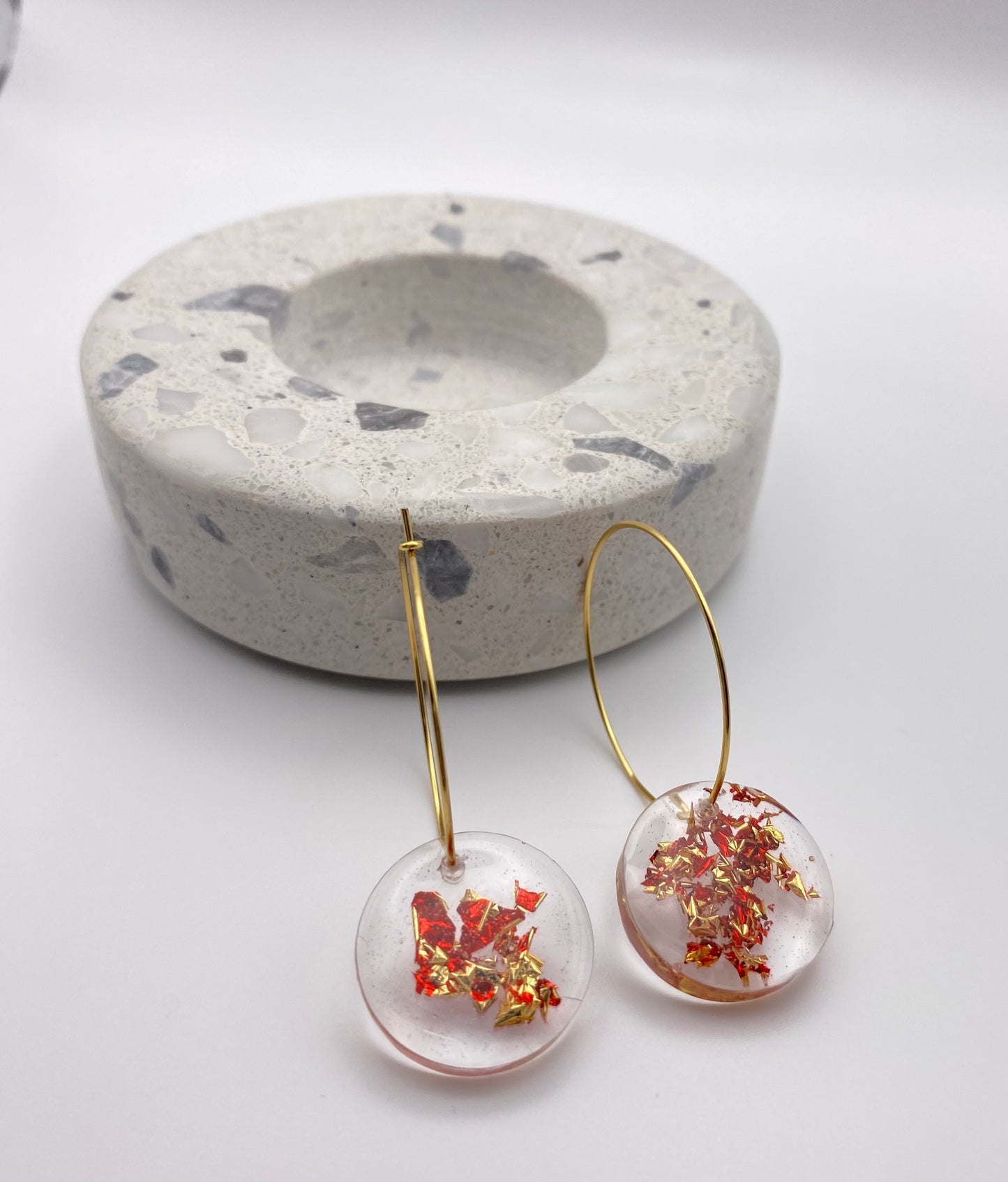 Resin Red and Gold Foil Medium Disk on Medium Gold Hoop