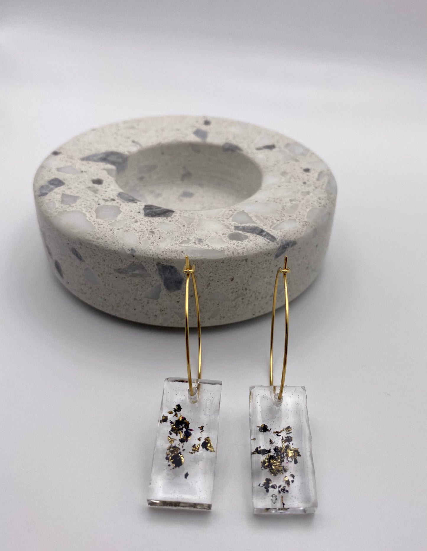 Resin Black and Gold Foil Medium Rectangle on Medium Gold Hoop
