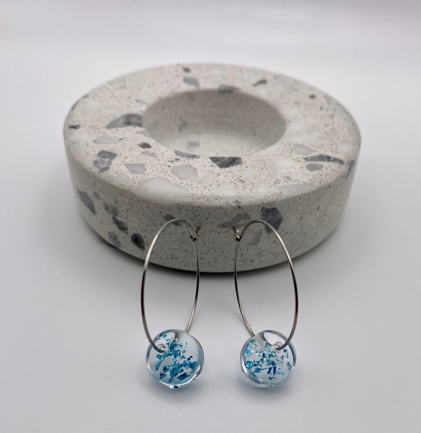 Blue Sparkle Small Disk on Medium Silver Hoop