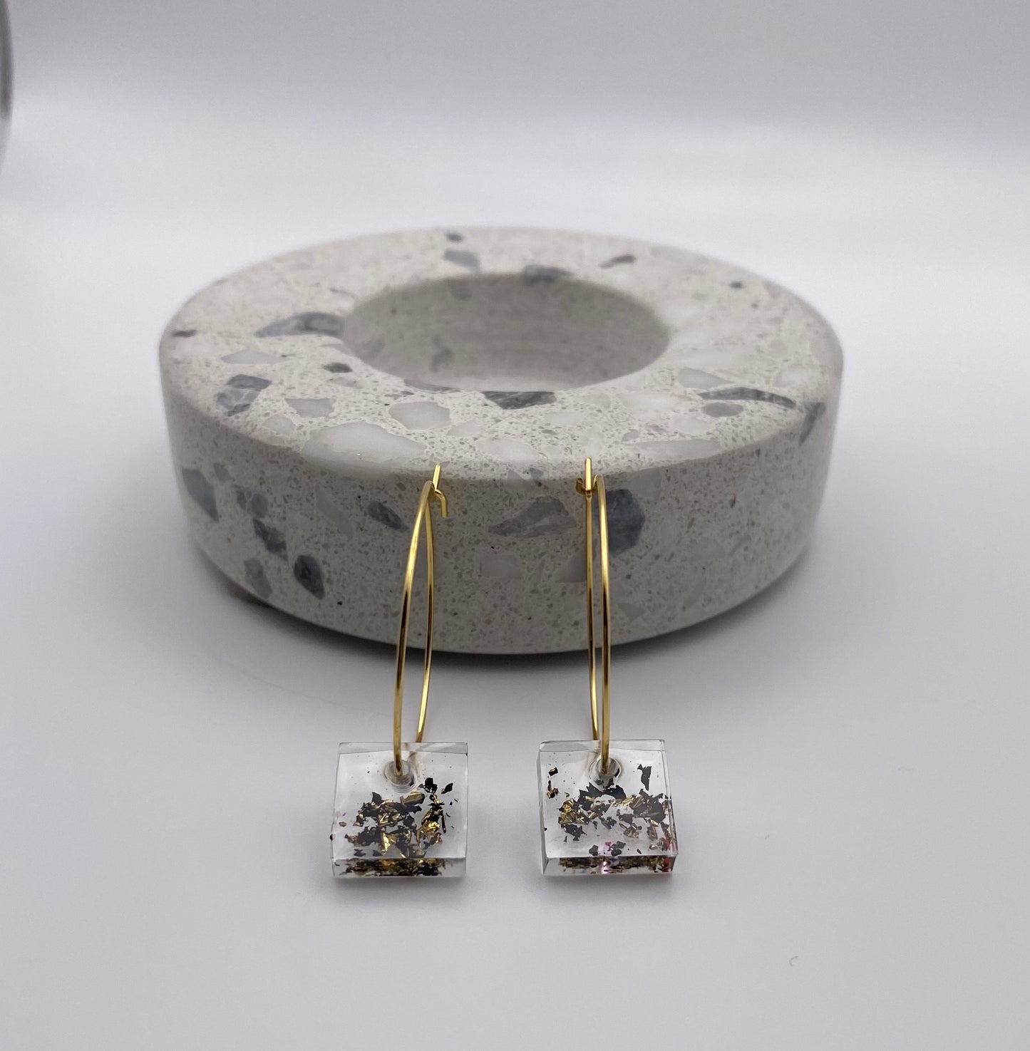 Resin Black and Gold Sparkle Small Square on Medium Gold Hoop
