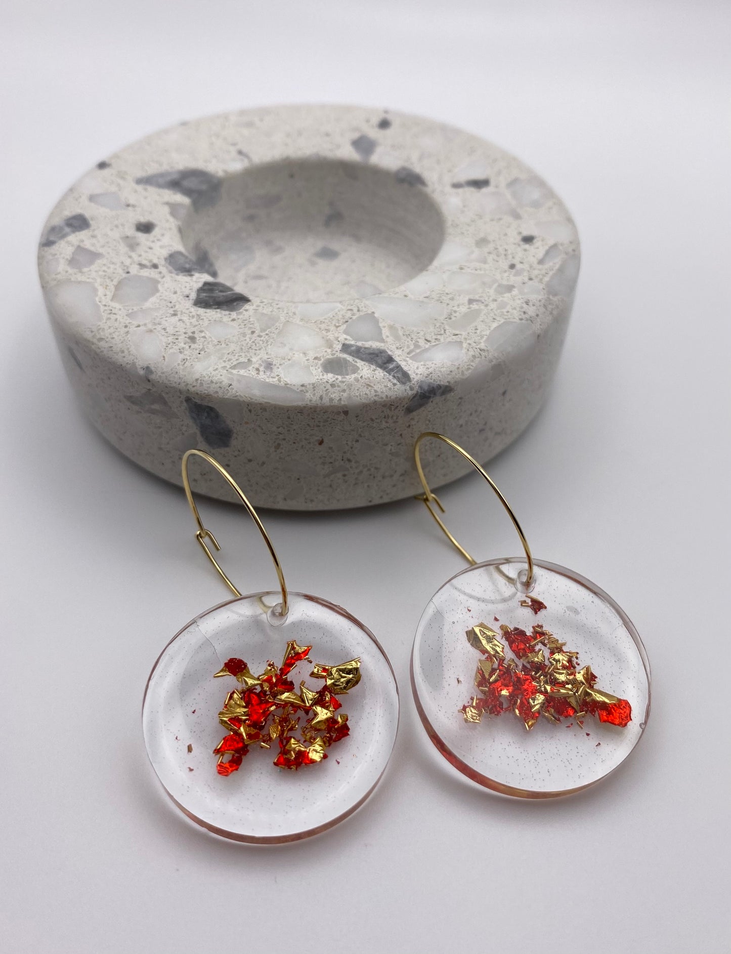 Resin Red and Gold Foil Large Disk on Medium Gold Hoop