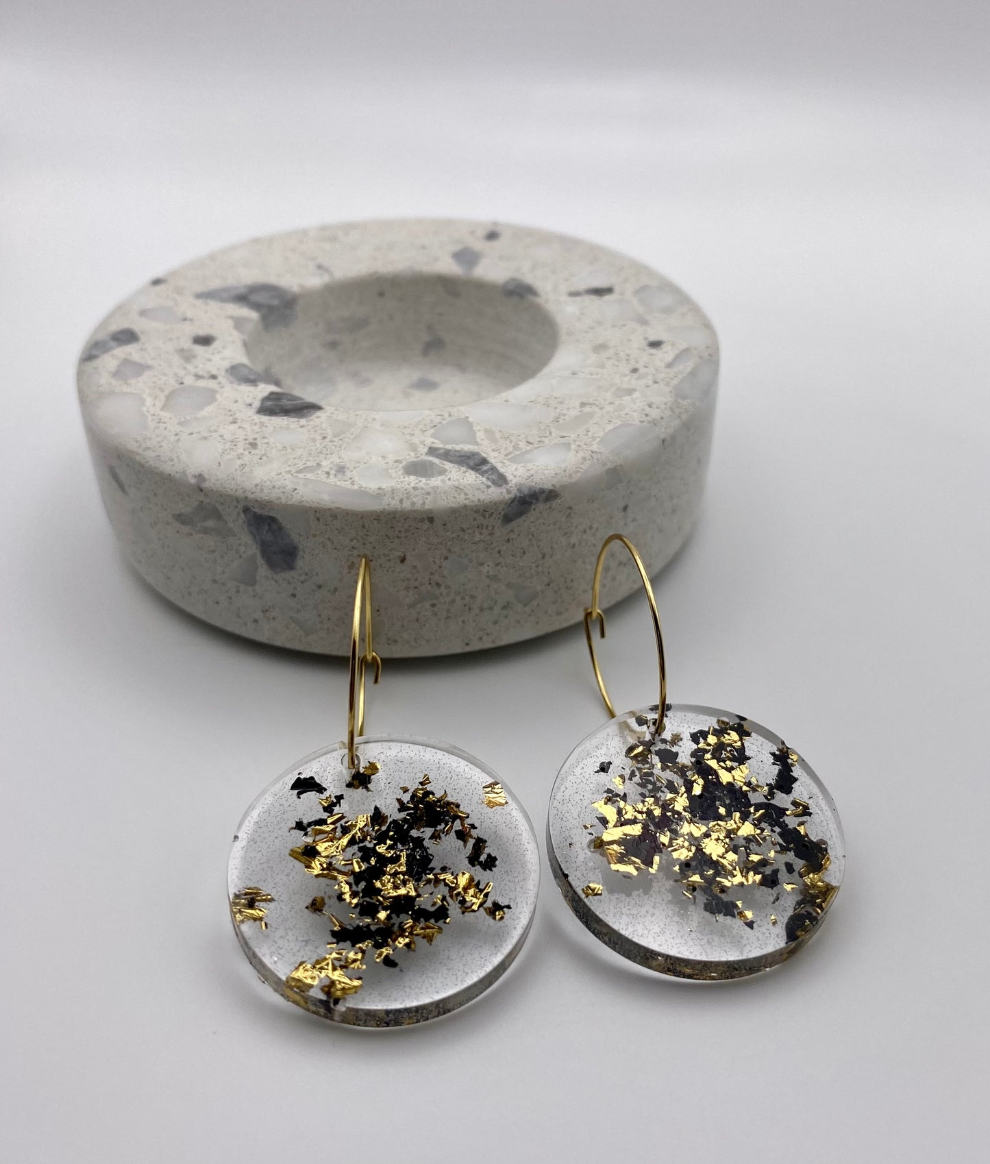 Resin Black and Gold Foil Large Disk on Medium Gold Hoop