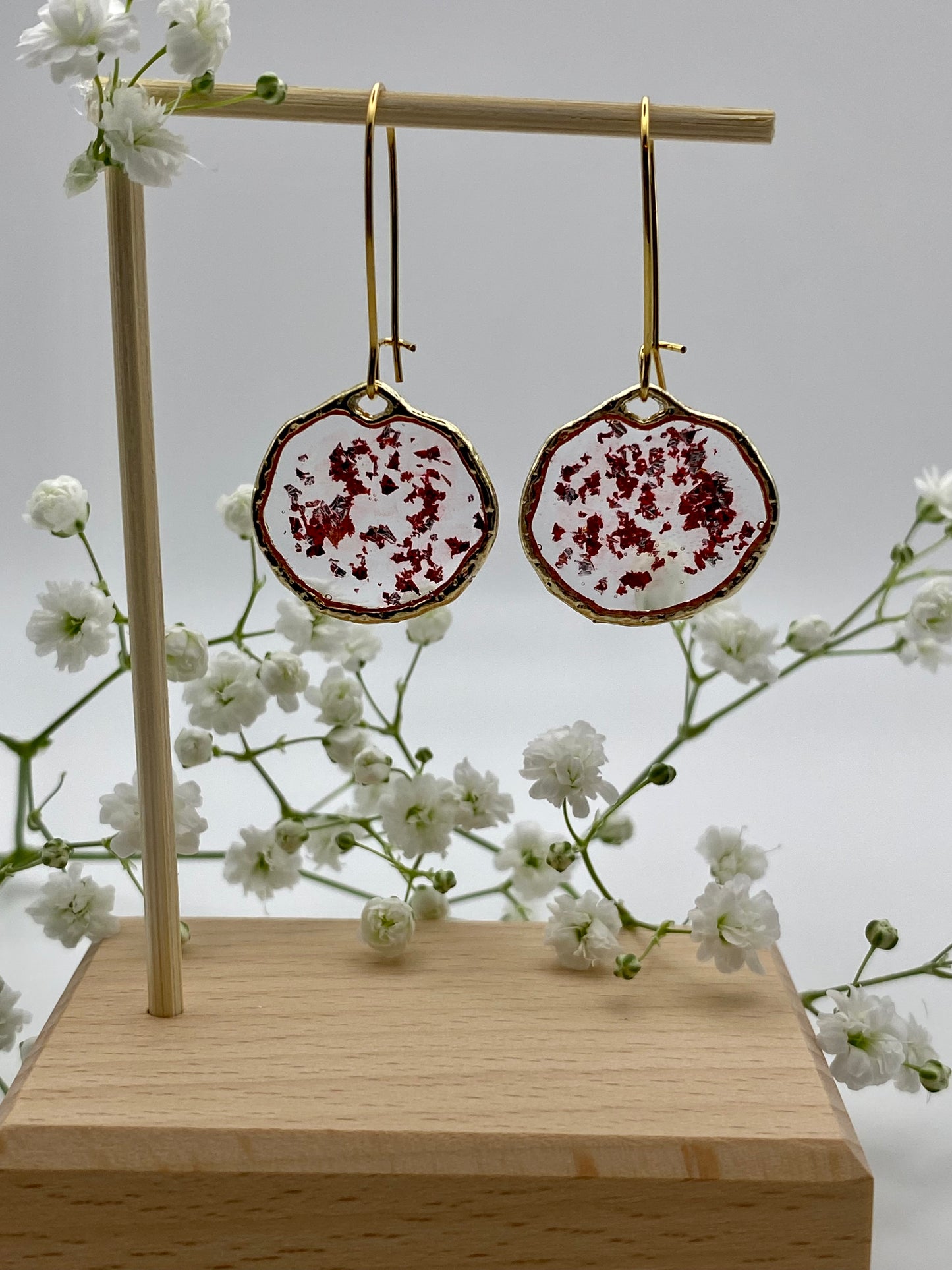 Hammered Gold Red Sparkle on Kidney Ear Wire