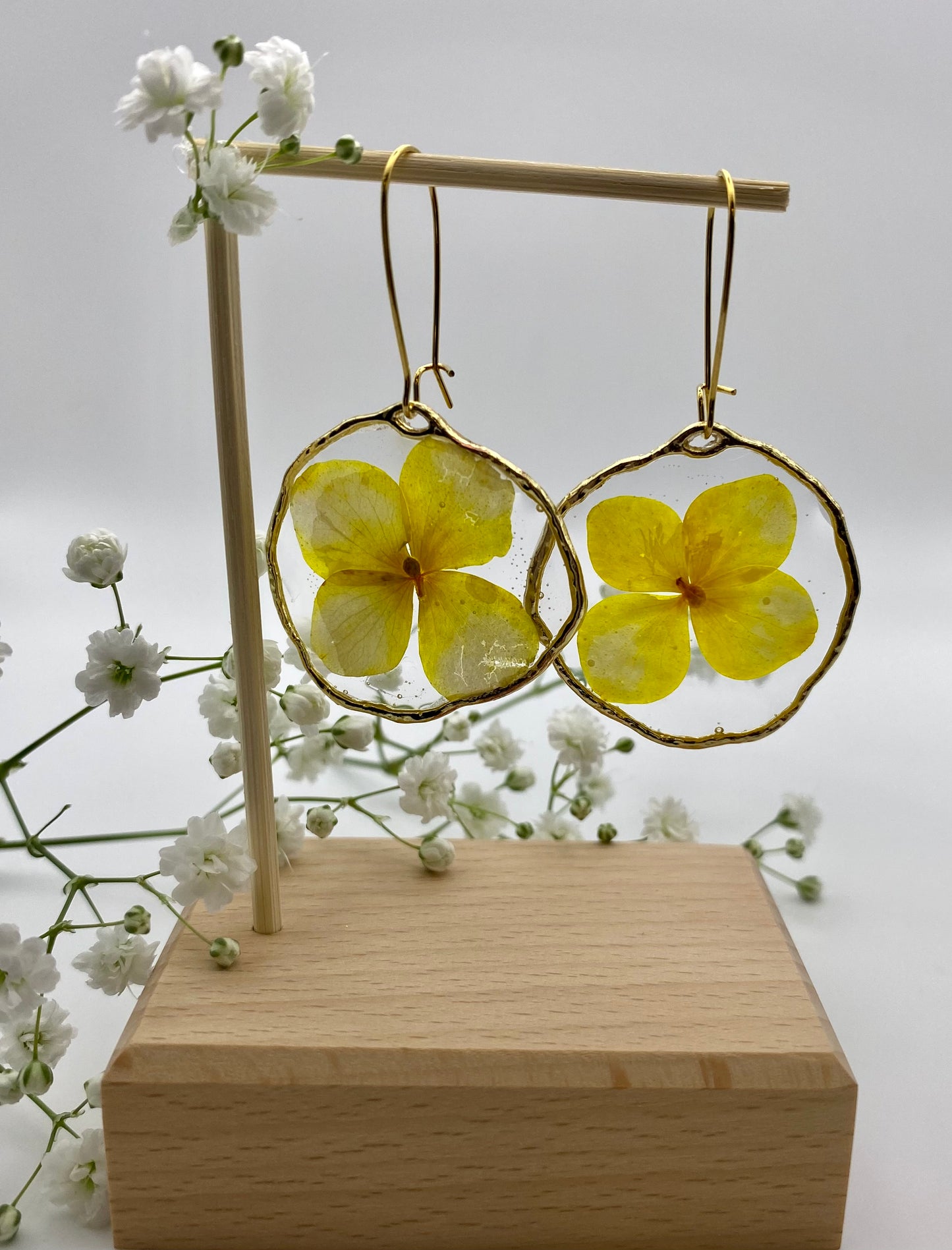 Hammered Large Gold Large Yellow Flower on Gold Kidney Wire