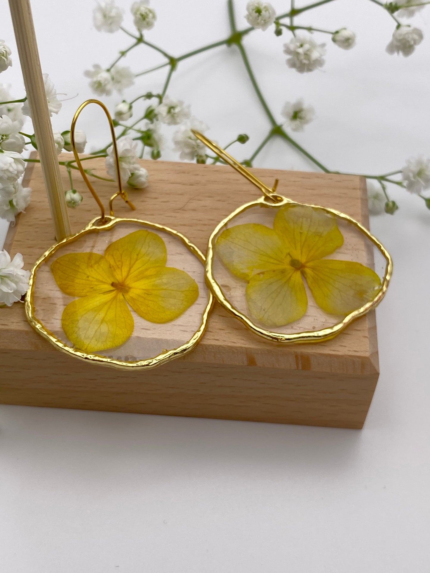 Hammered Large Gold Large Yellow Flower on Gold Kidney Wire