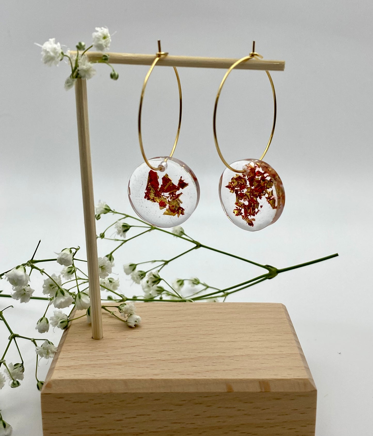 Resin Red and Gold Foil Medium Disk on Medium Gold Hoop