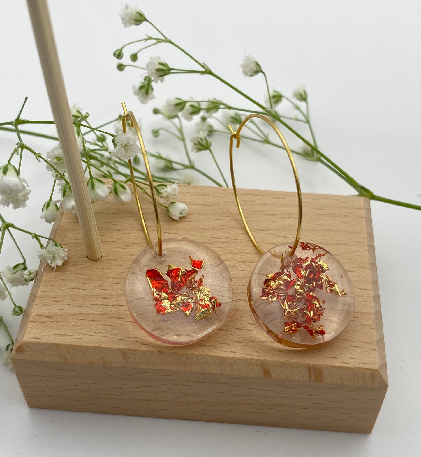 Resin Red and Gold Foil Medium Disk on Medium Gold Hoop