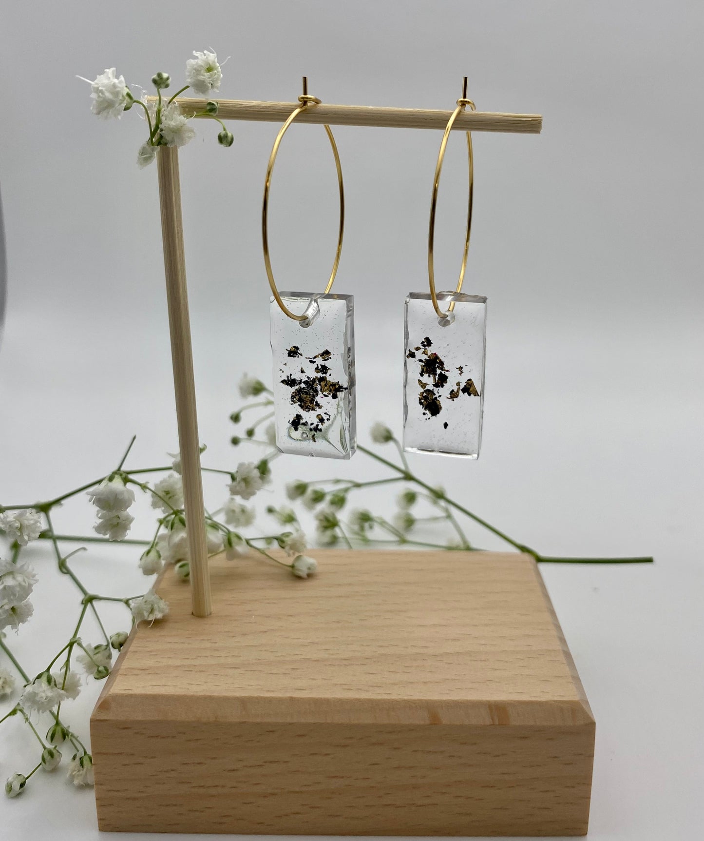 Resin Black and Gold Foil Medium Rectangle on Medium Gold Hoop