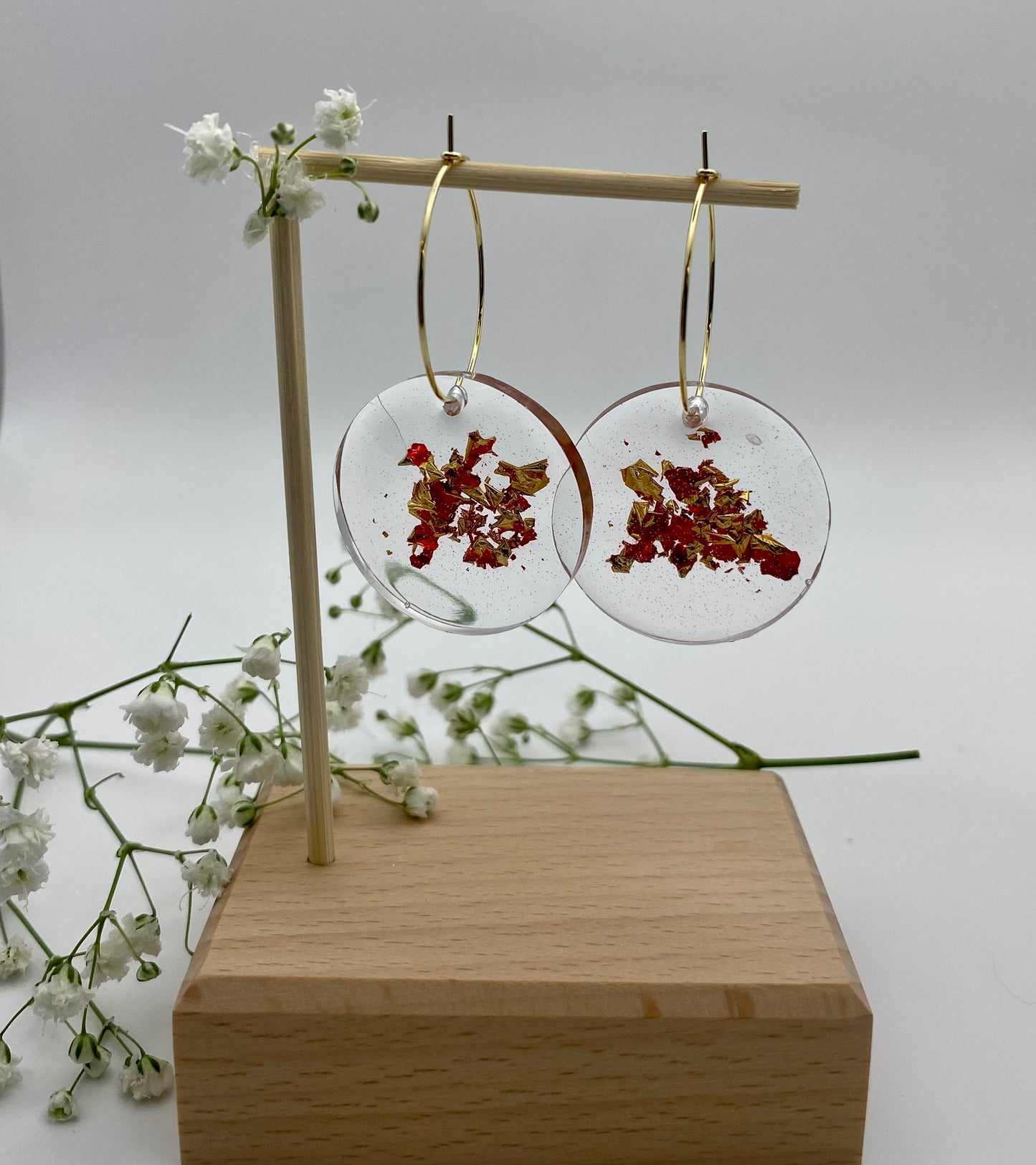 Resin Red and Gold Foil Large Disk on Medium Gold Hoop