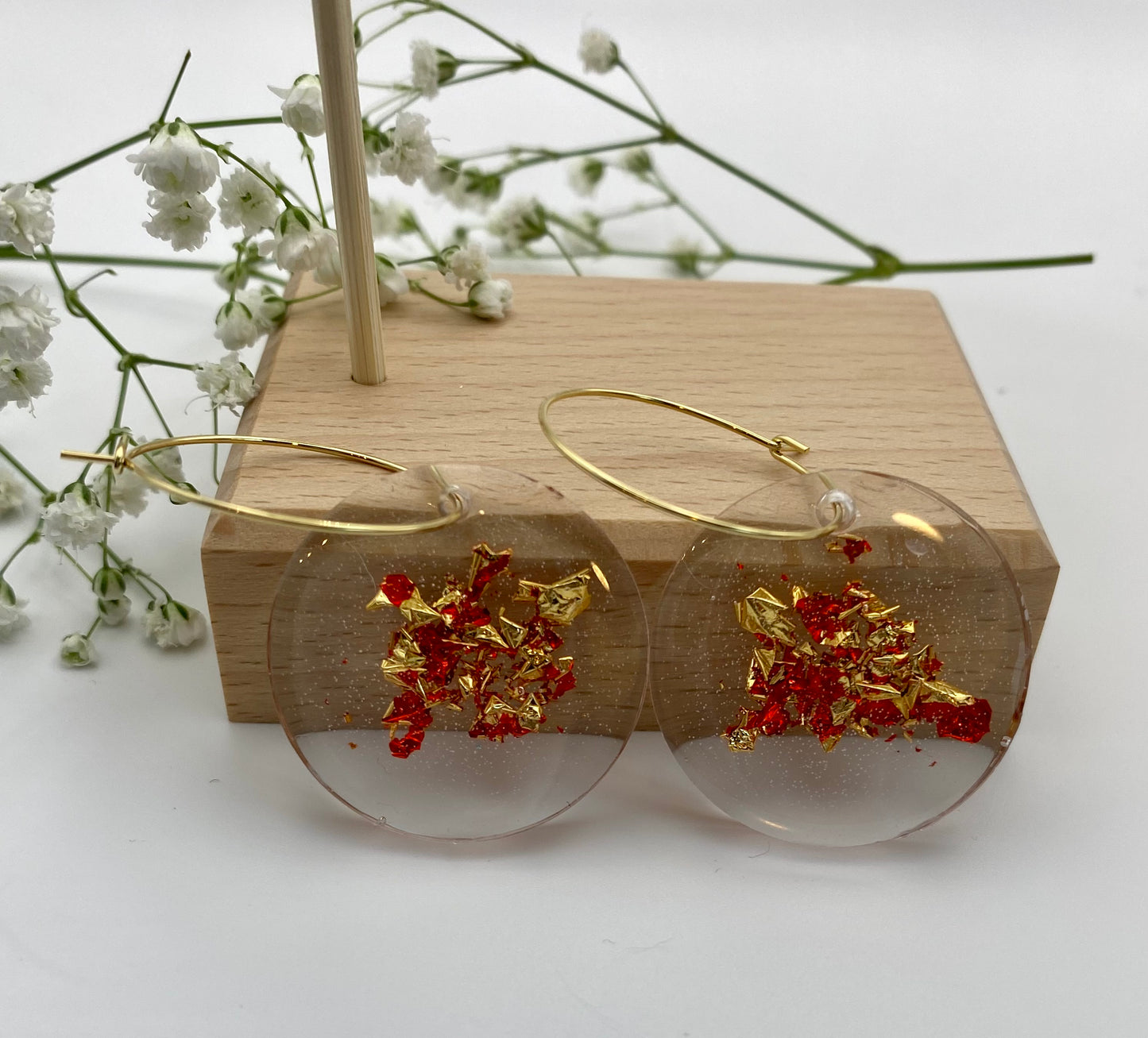 Resin Red and Gold Foil Large Disk on Medium Gold Hoop