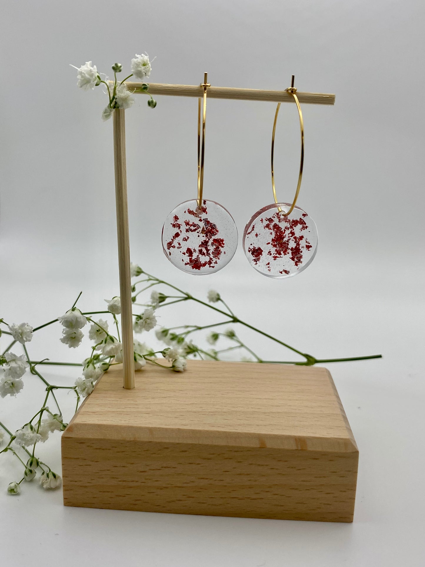 Red and Gold Sparkle Medium Disk on Medium Gold Hoop