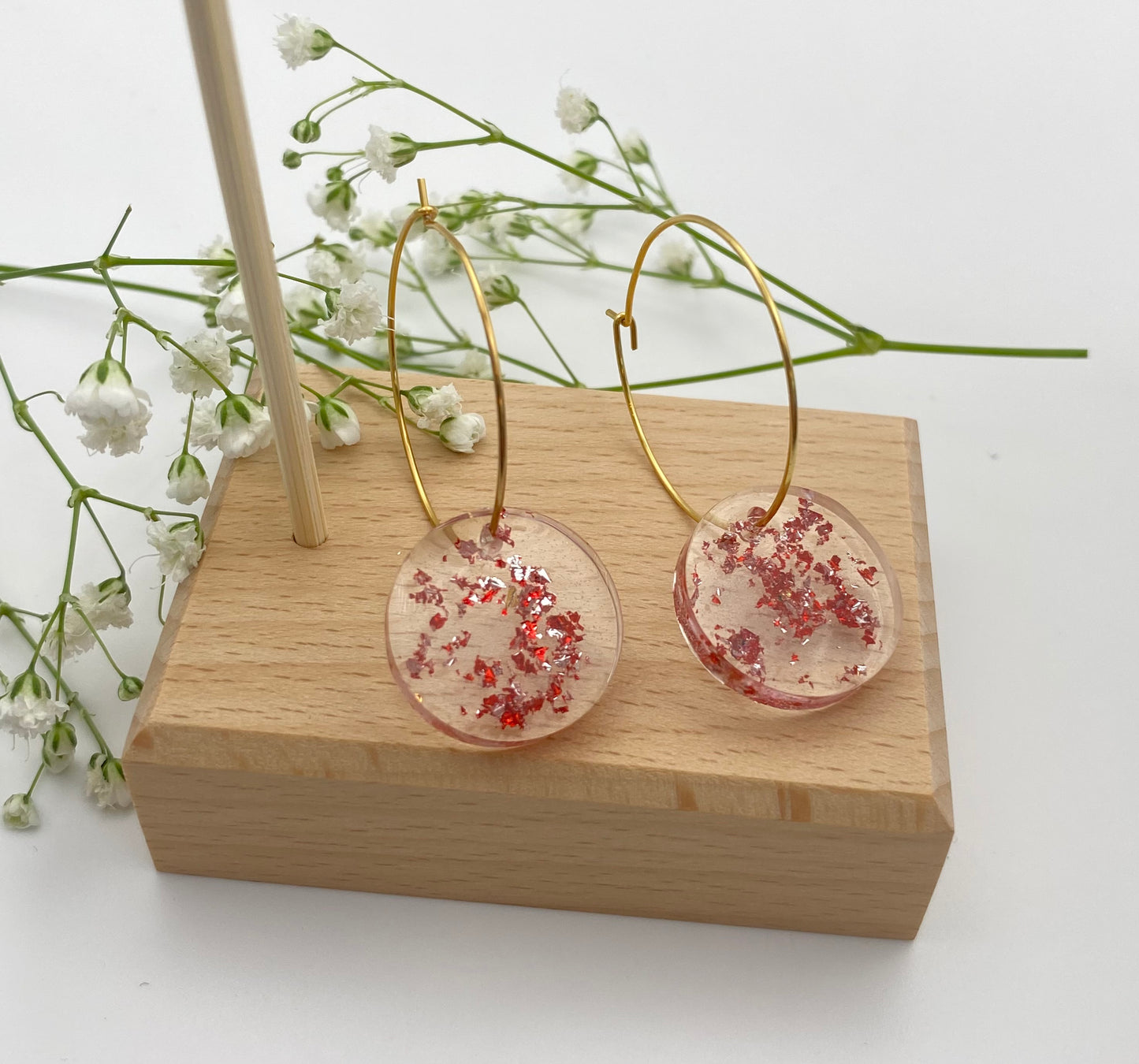 Red and Gold Sparkle Medium Disk on Medium Gold Hoop