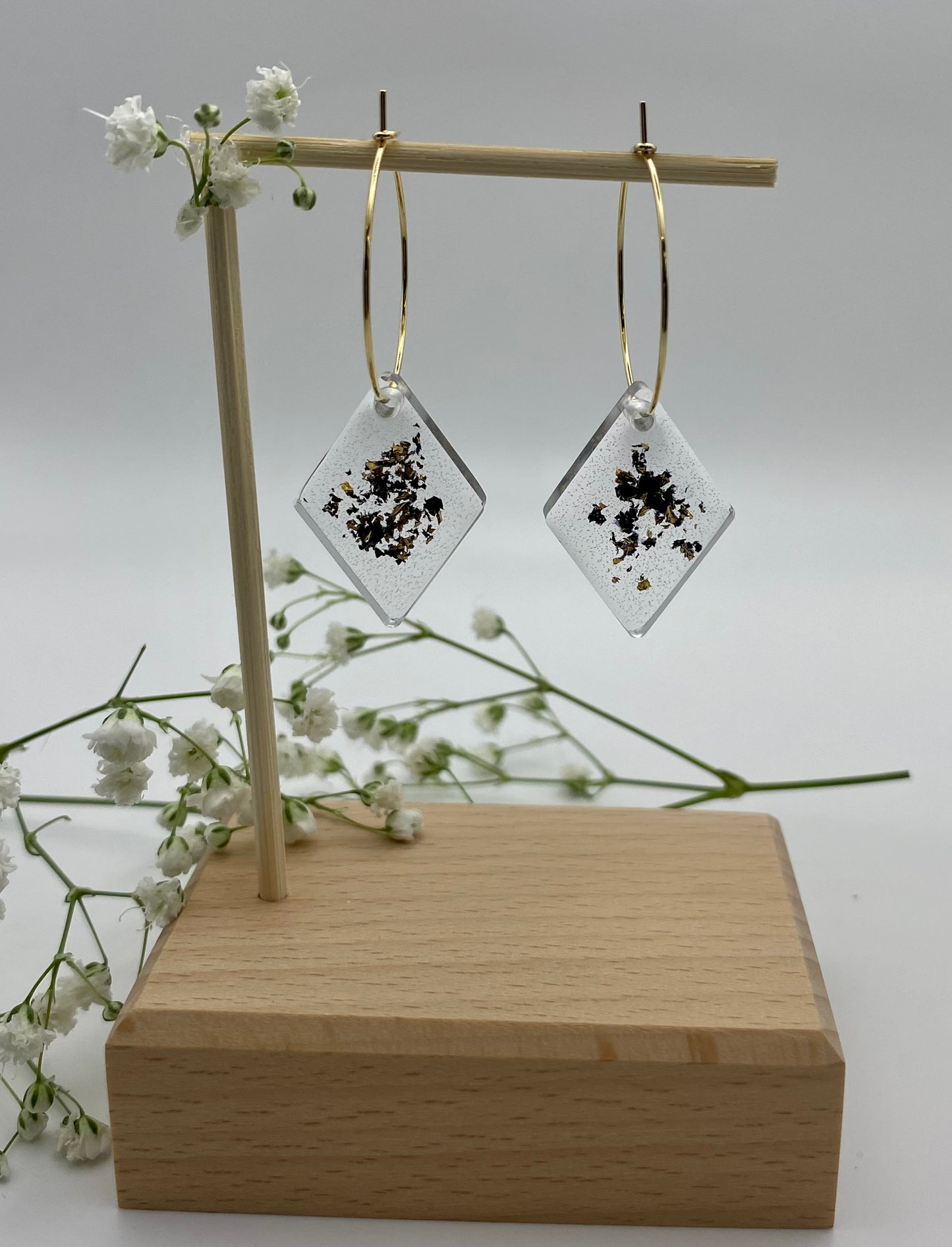 Resin Black and Gold Foil Diamond on Medium Gold Hoop