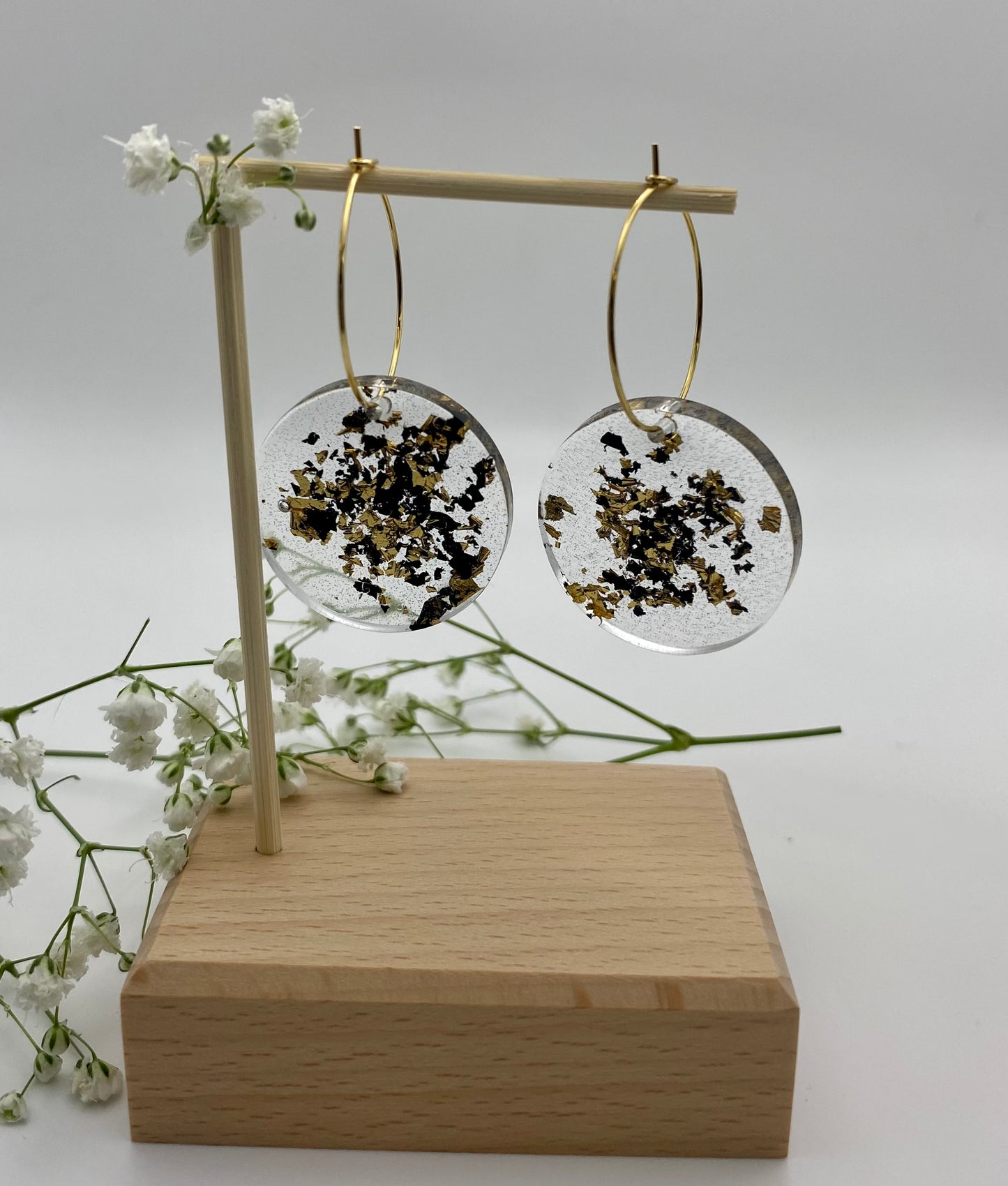 Resin Black and Gold Foil Large Disk on Medium Gold Hoop