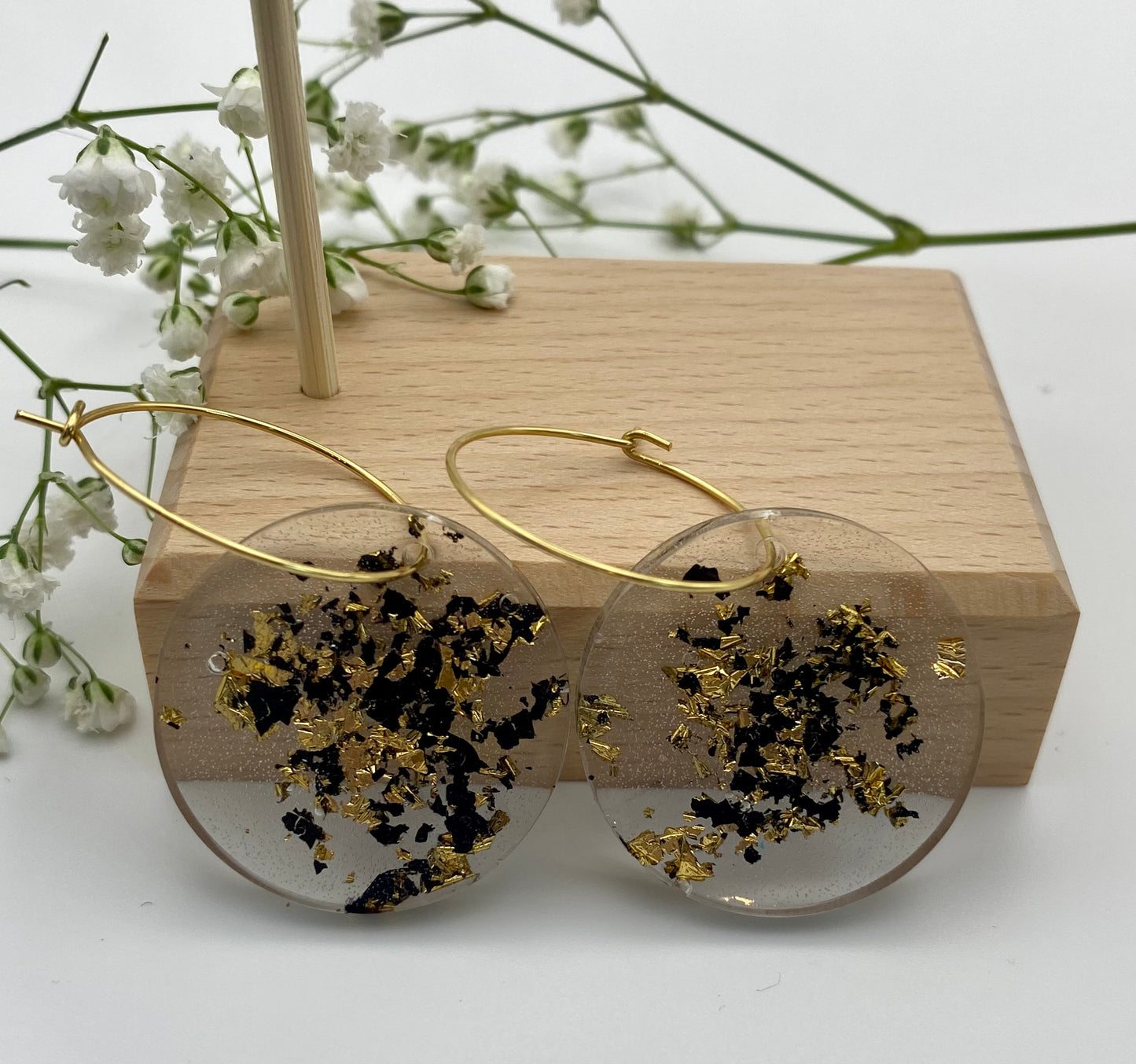 Resin Black and Gold Foil Large Disk on Medium Gold Hoop