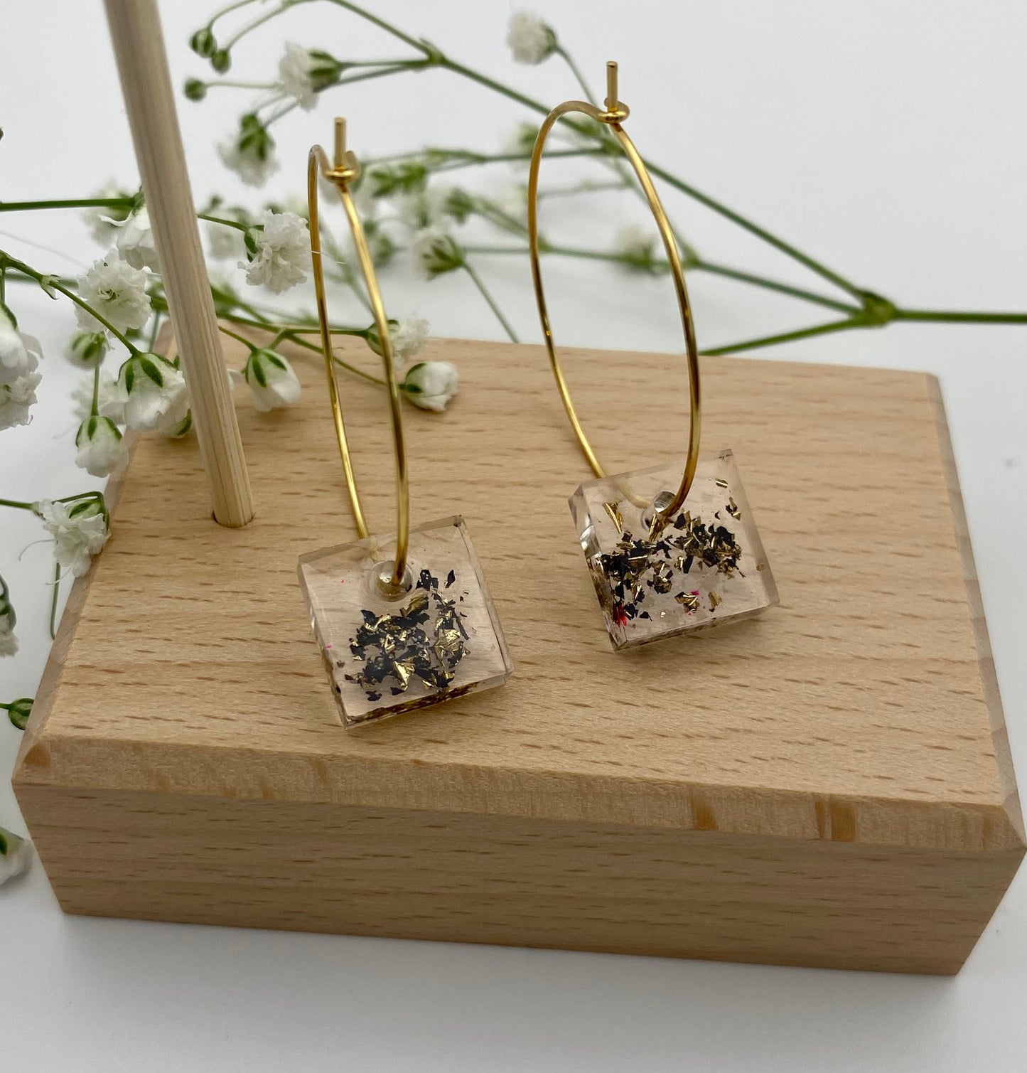 Resin Black and Gold Sparkle Small Square on Medium Gold Hoop